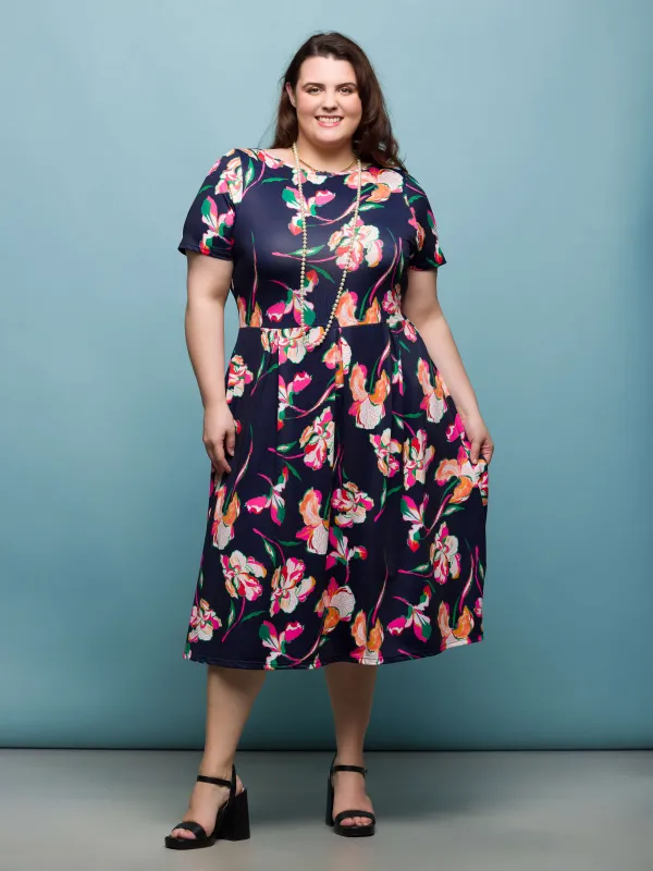 24seven Comfort Apparel Plus Size Navy Floral Short Sleeve Pleated Flare Midi Pocket Dress sold by 24/7 Comfort Apparel