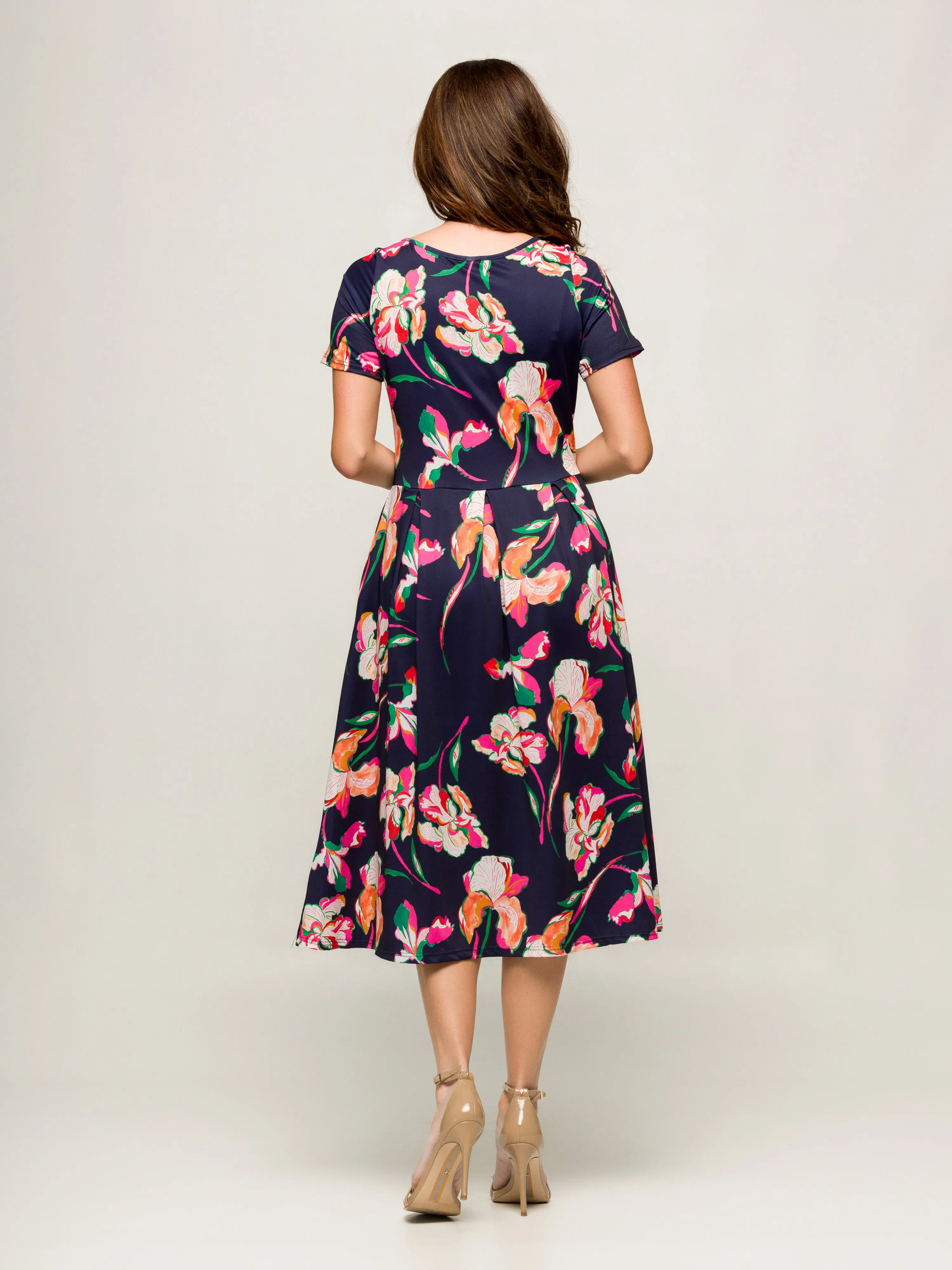 24seven Comfort Apparel Womens Navy Floral Short Sleeve Pleated Flare Midi Pocket Dress sold by 24/7 Comfort Apparel product image thumbnail 3