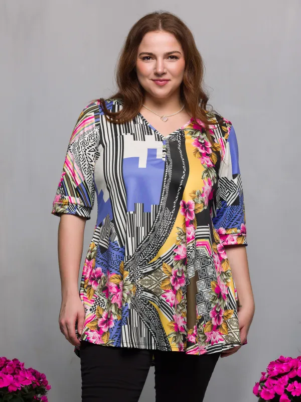 24seven Comfort Apparel Plus Size Multicolor Floral Print Elbow Sleeve V Neck Henley Tunic Top sold by 24/7 Comfort Apparel