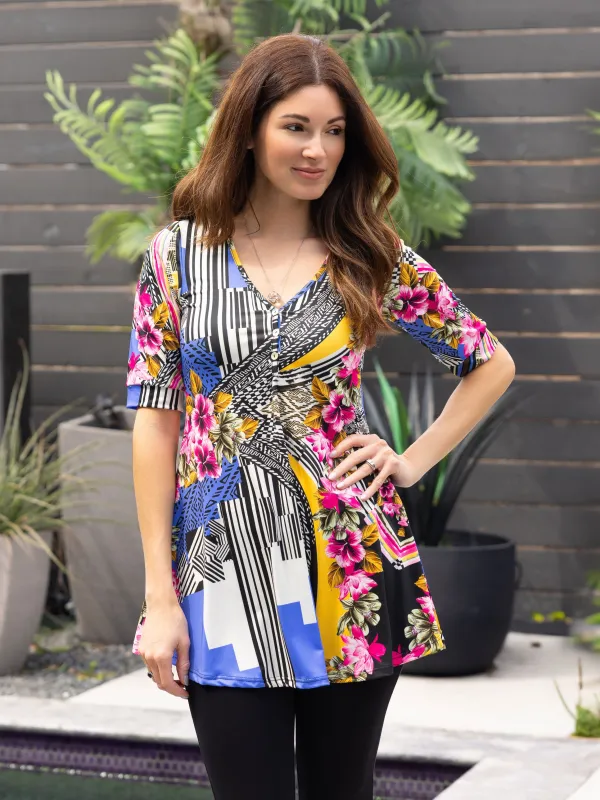 24seven Comfort Apparel Multicolor Floral Print Elbow Sleeve V Neck Henley Tunic Top sold by 24/7 Comfort Apparel