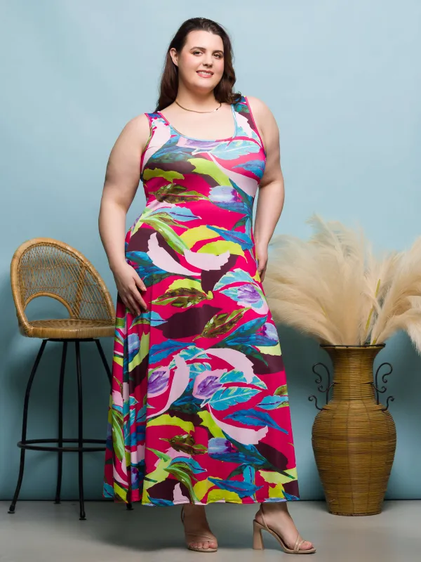 24seven Comfort Apparel Plus Size Pink Floral Scoop Neck A Line Sleeveless Maxi Dress sold by 24/7 Comfort Apparel