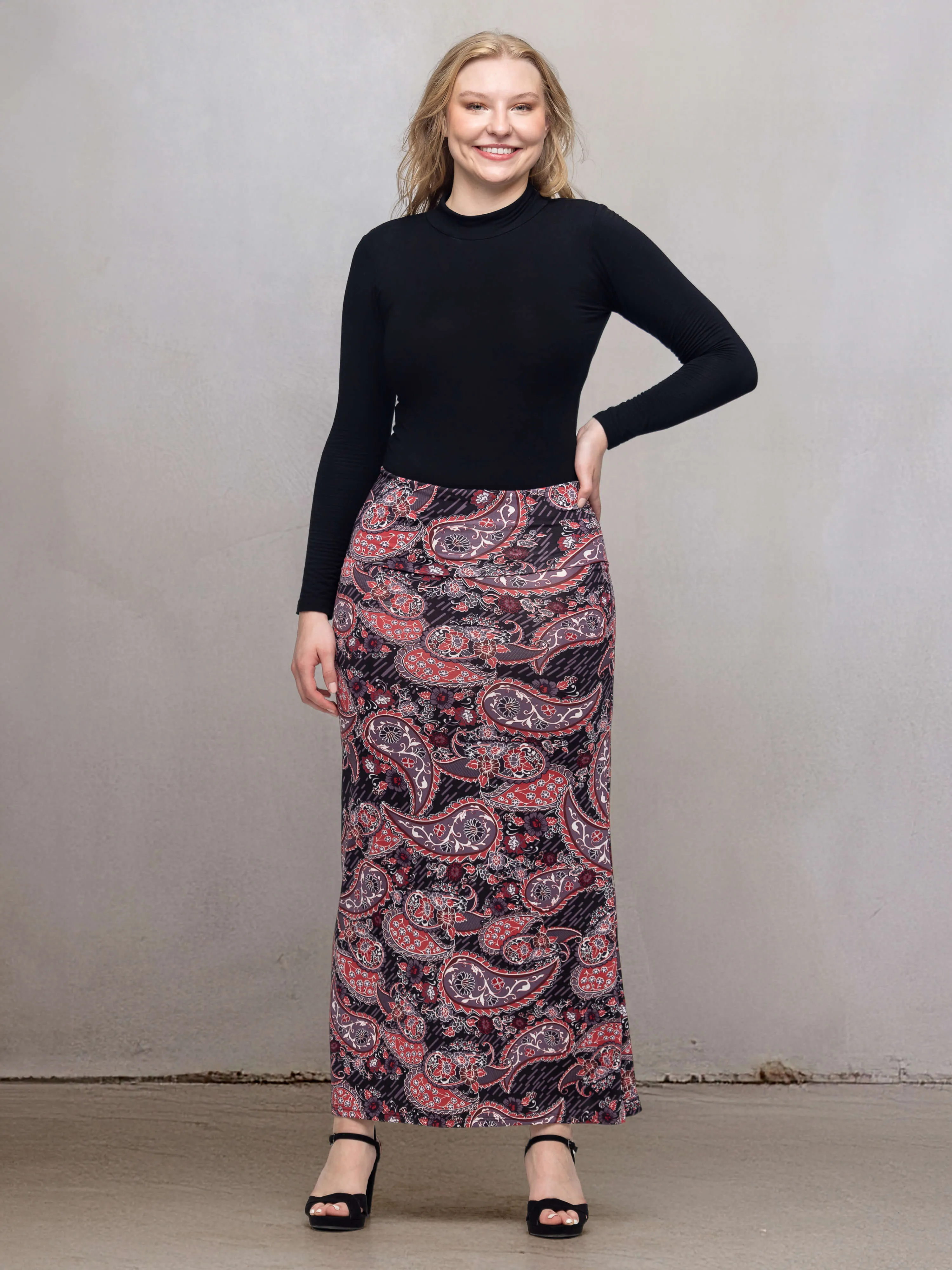 Paisley Print Fold Over Waist Maxi Skirt sold by 24/7 Comfort Apparel