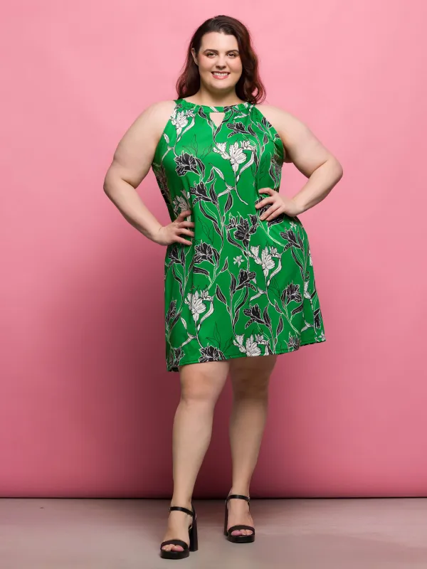 24seven Comfort Apparel Plus Size Knee Length Green Floral Print Sleeveless Keyhole Dress sold by 24/7 Comfort Apparel