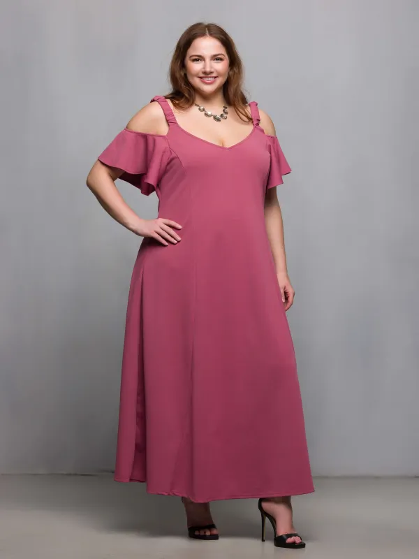 24seven Comfort Apparel Plus Size Cold Sholder Ruffle Sleeve A Line Maxi Dress sold by 24/7 Comfort Apparel