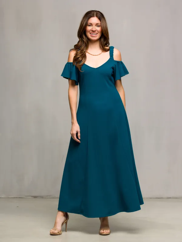24seven Comfort Apparel Womens Cold Sholder Ruffle Sleeve A Line Maxi Dress sold by 24/7 Comfort Apparel