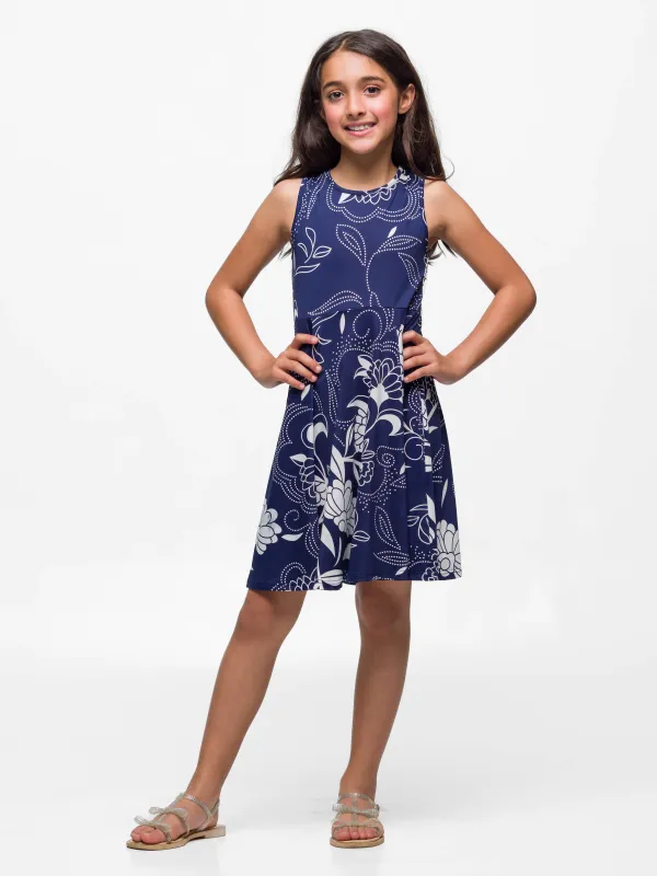 24sevenkid Girls Navy Blue Floral Fit and Flare Dress sold by 24/7 Comfort Apparel