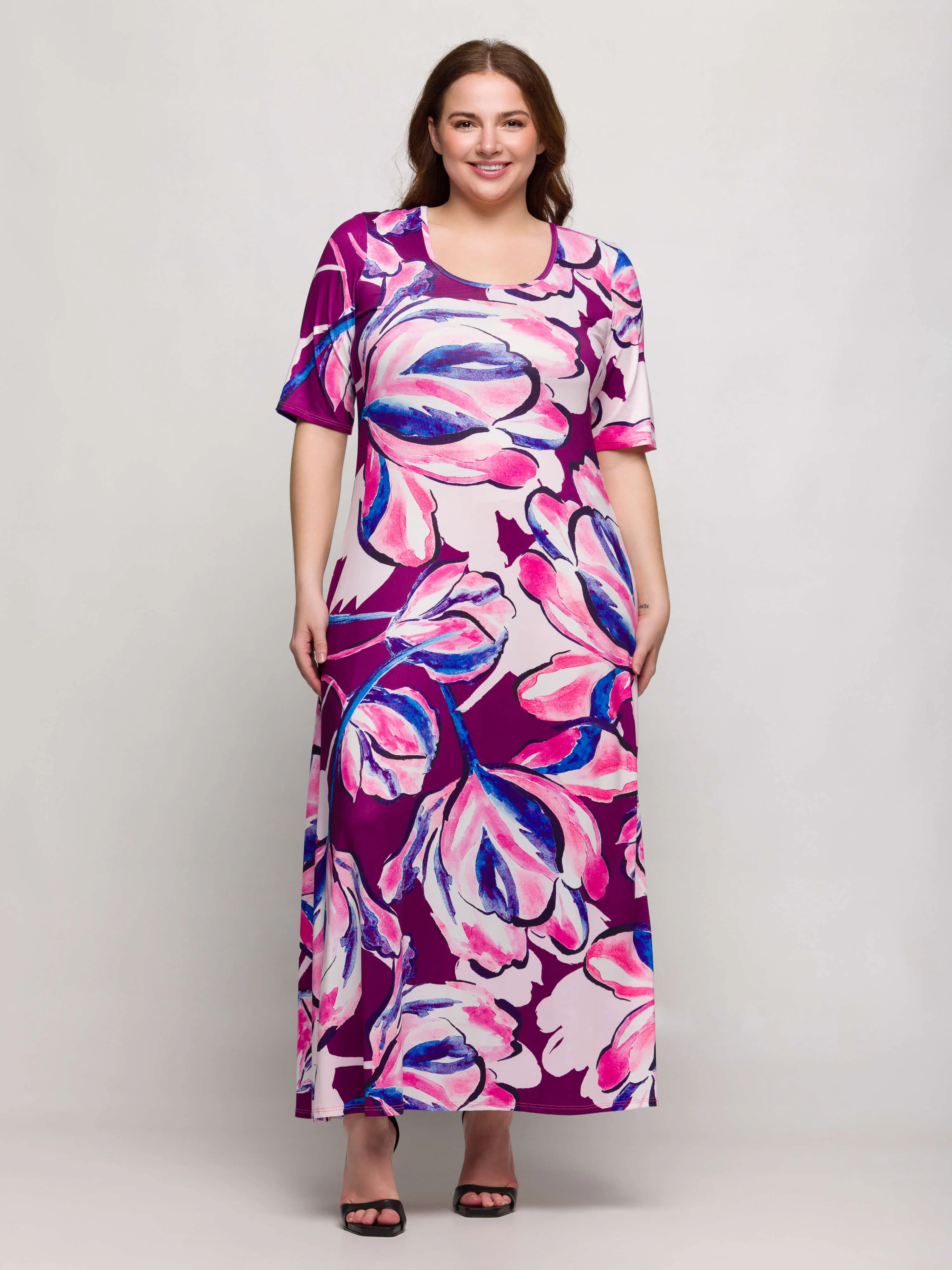 24seven Comfort Apparel Plus Size Purple Floral Print Elbow Sleeve Casual A Line Maxi Dress sold by 24/7 Comfort Apparel product image thumbnail 4