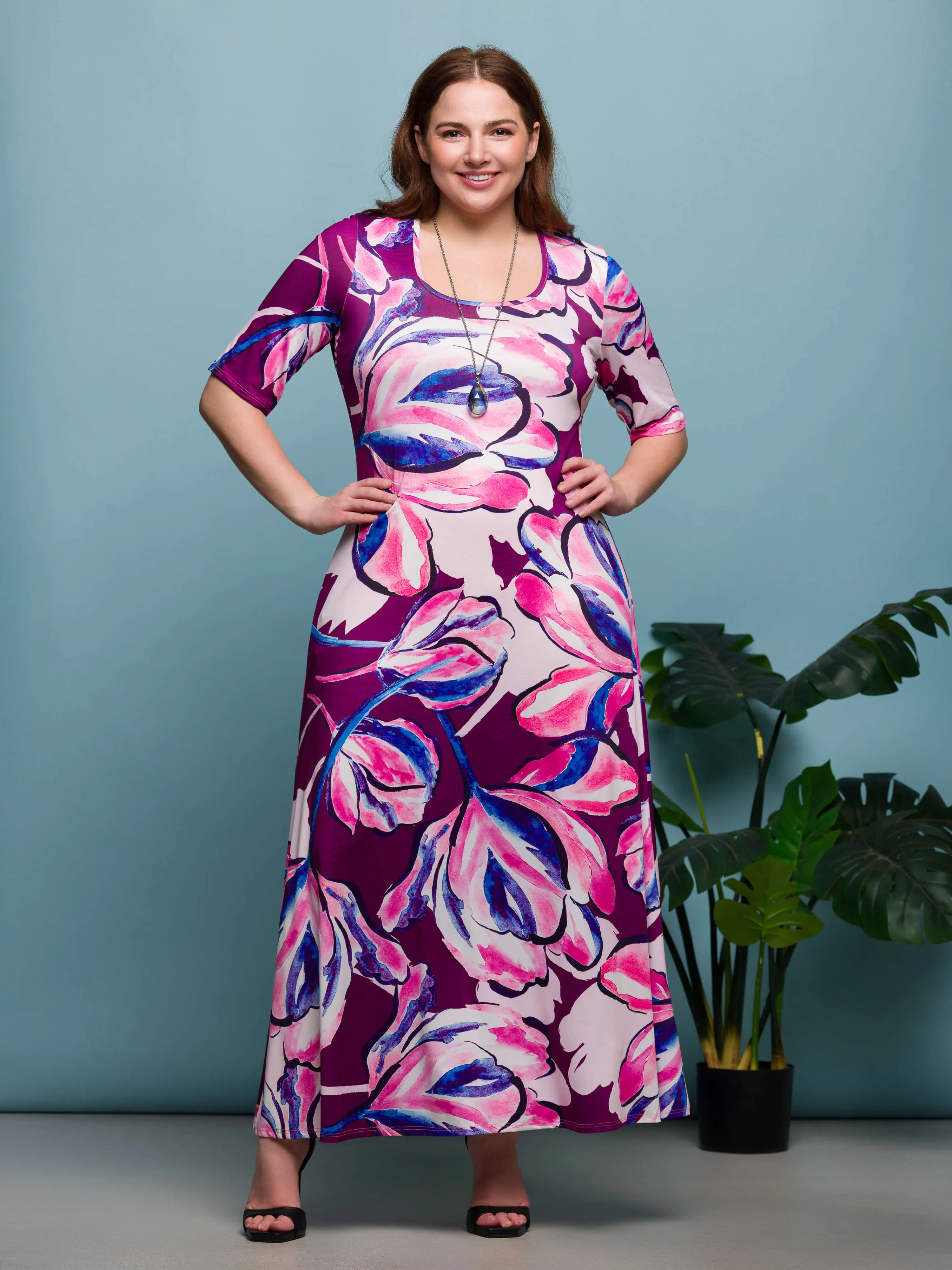 24seven Comfort Apparel Plus Size Purple Floral Print Elbow Sleeve Casual A Line Maxi Dress sold by 24/7 Comfort Apparel
