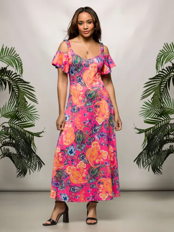 24seven Comfort Apparel Womens Pink Paisley Cold Sholder Ruffle Sleeve A Line Maxi Dress sold by 24/7 Comfort Apparel