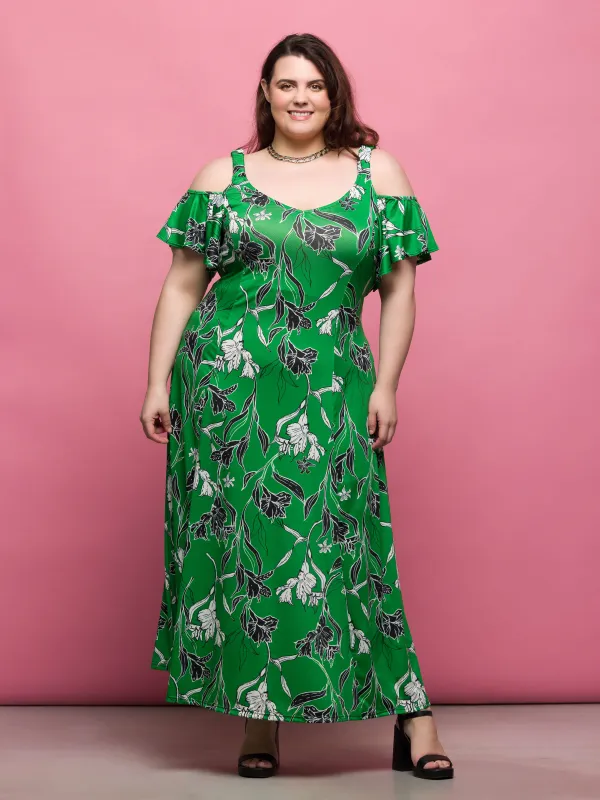 24seven Comfort Apparel Plus Size Green Floral Cold Sholder Ruffle Sleeve A Line Maxi Dress sold by 24/7 Comfort Apparel