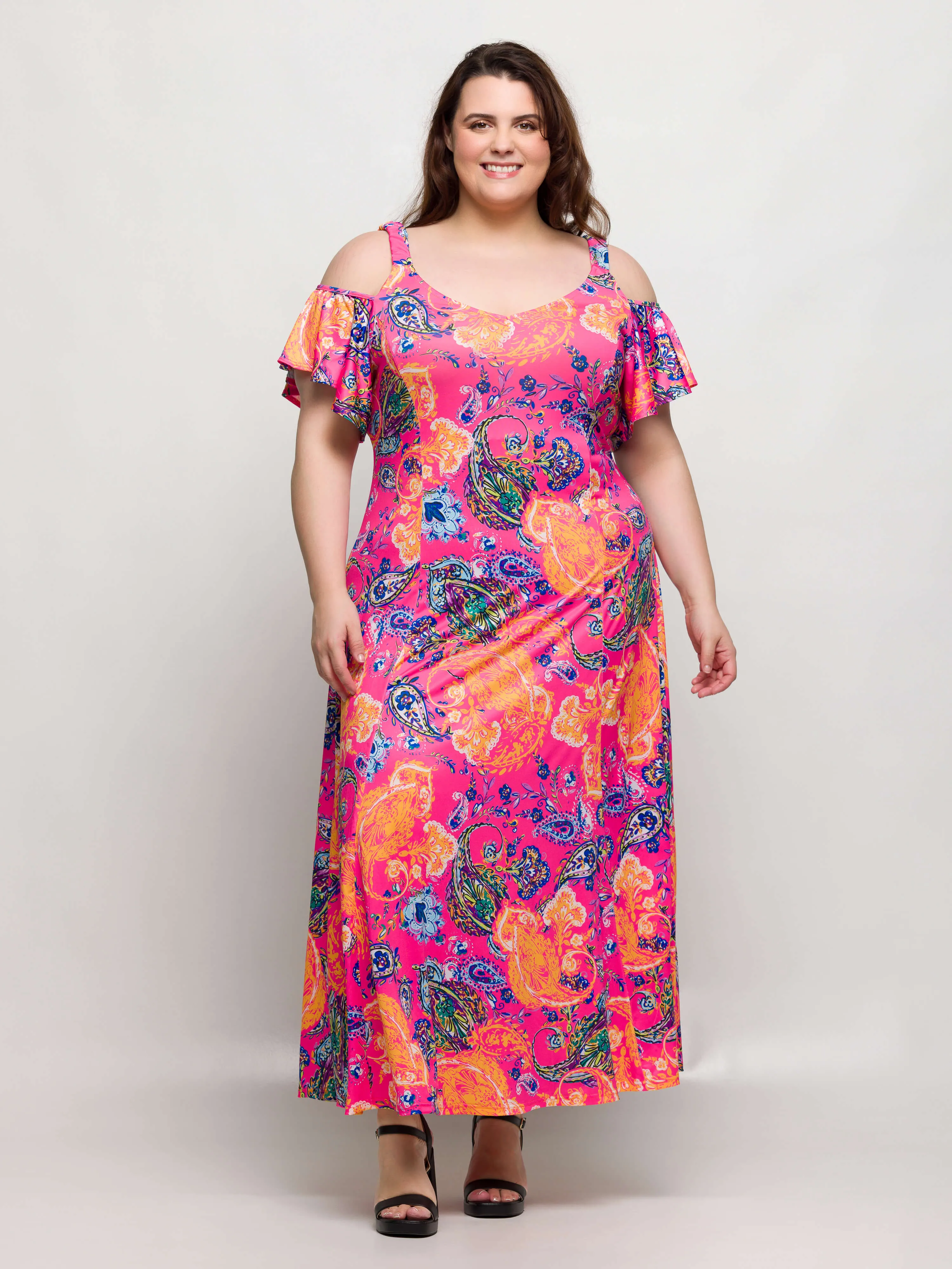 24seven Comfort Apparel Plus Size Pink Paisley Cold Sholder Ruffle Sleeve A Line Maxi Dress sold by 24/7 Comfort Apparel product image thumbnail 5
