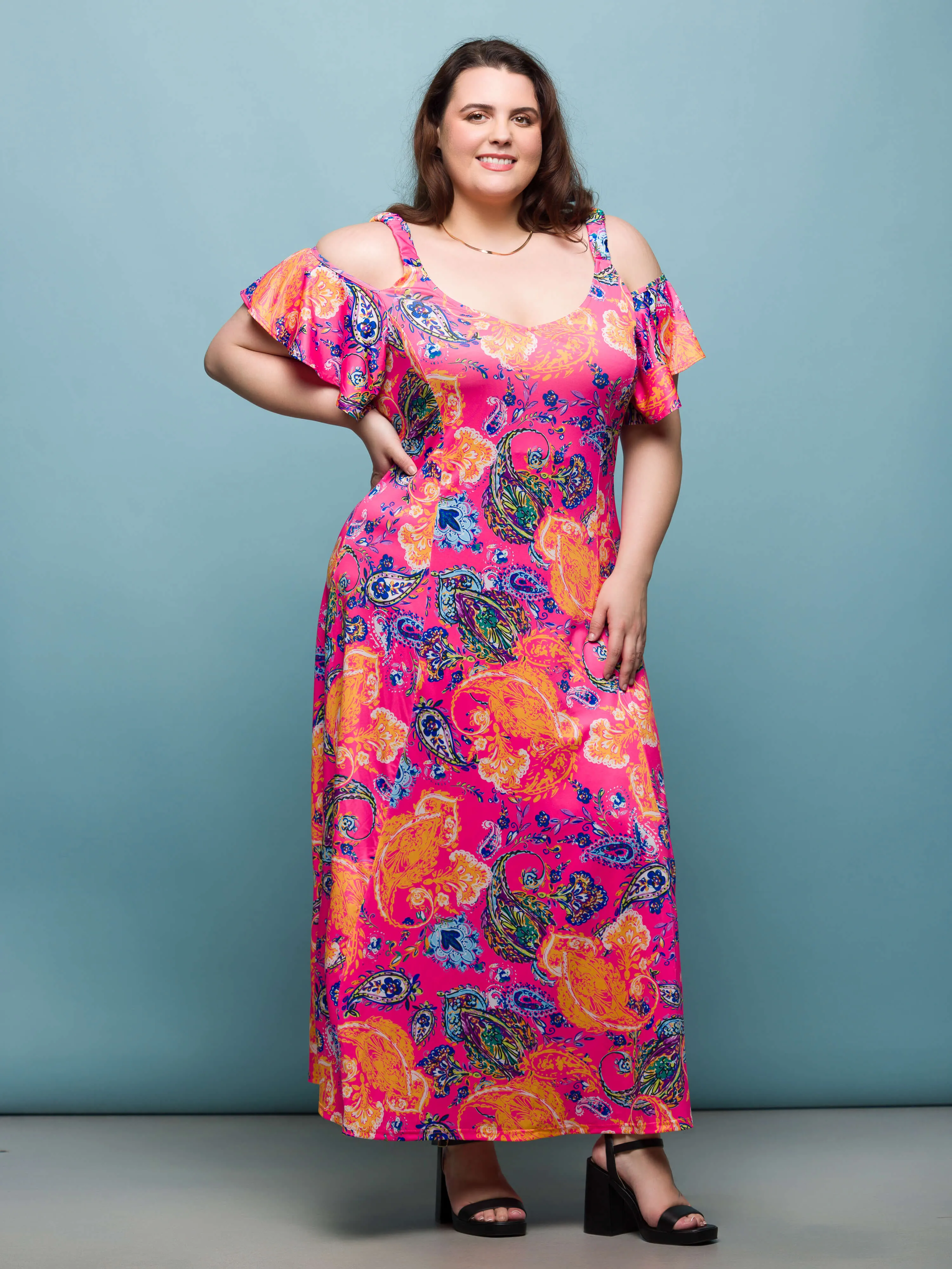 24seven Comfort Apparel Plus Size Pink Paisley Cold Sholder Ruffle Sleeve A Line Maxi Dress sold by 24/7 Comfort Apparel product image thumbnail 4
