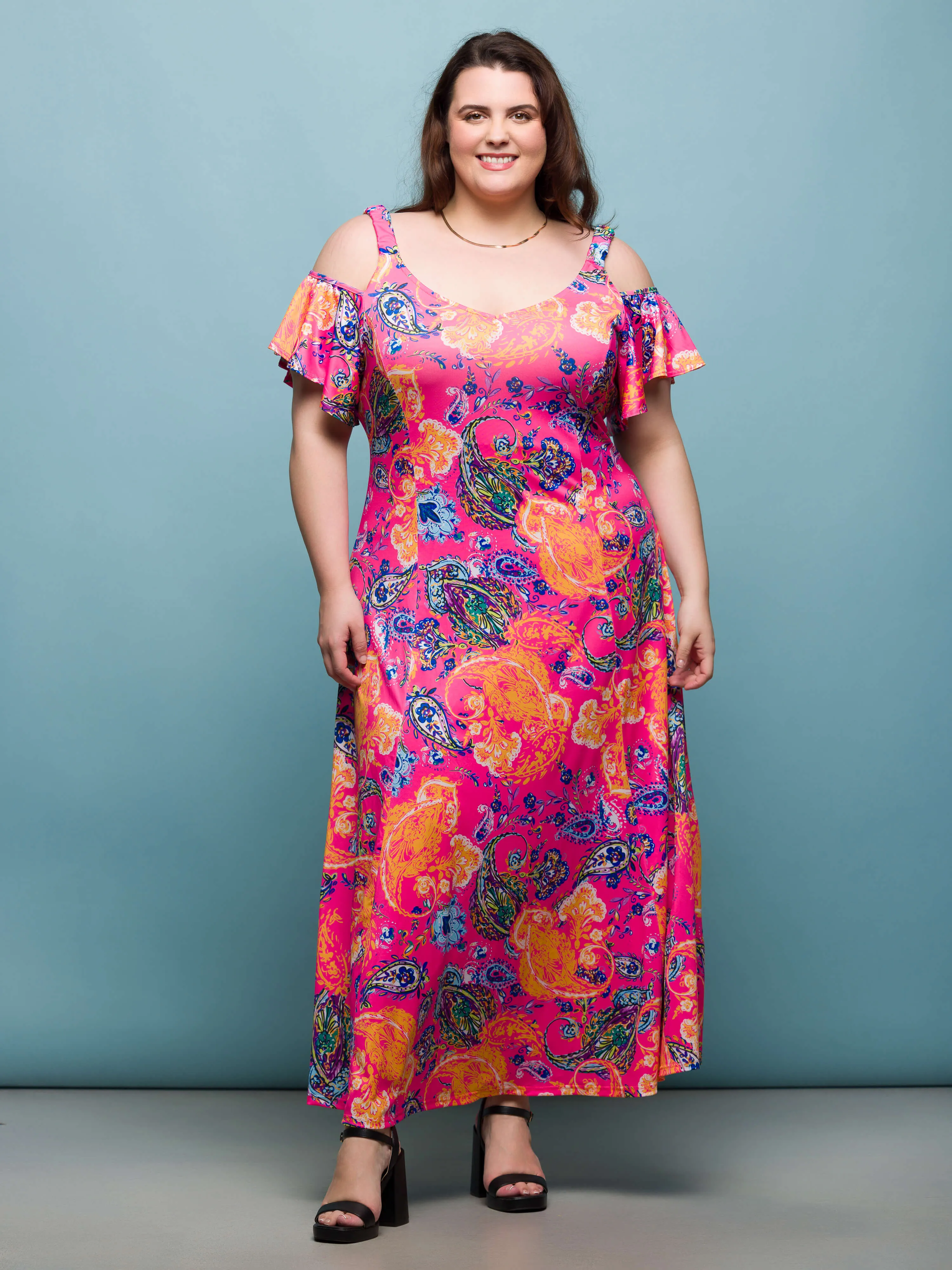 24seven Comfort Apparel Plus Size Pink Paisley Cold Sholder Ruffle Sleeve A Line Maxi Dress sold by 24/7 Comfort Apparel product image thumbnail 3
