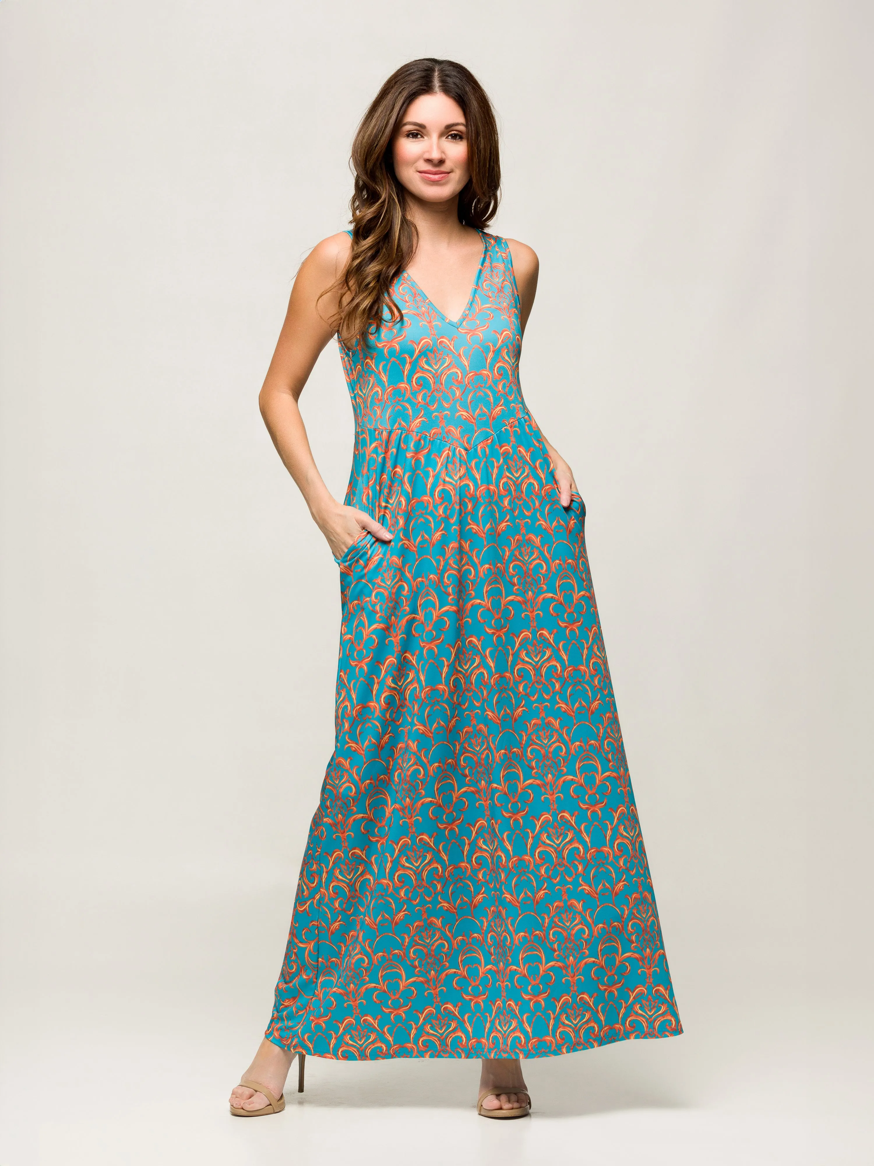 24seven Comfort Apparel Sky Blue Sleeveless V Neck Maxi Dress With Pockets sold by 24/7 Comfort Apparel product image thumbnail 3