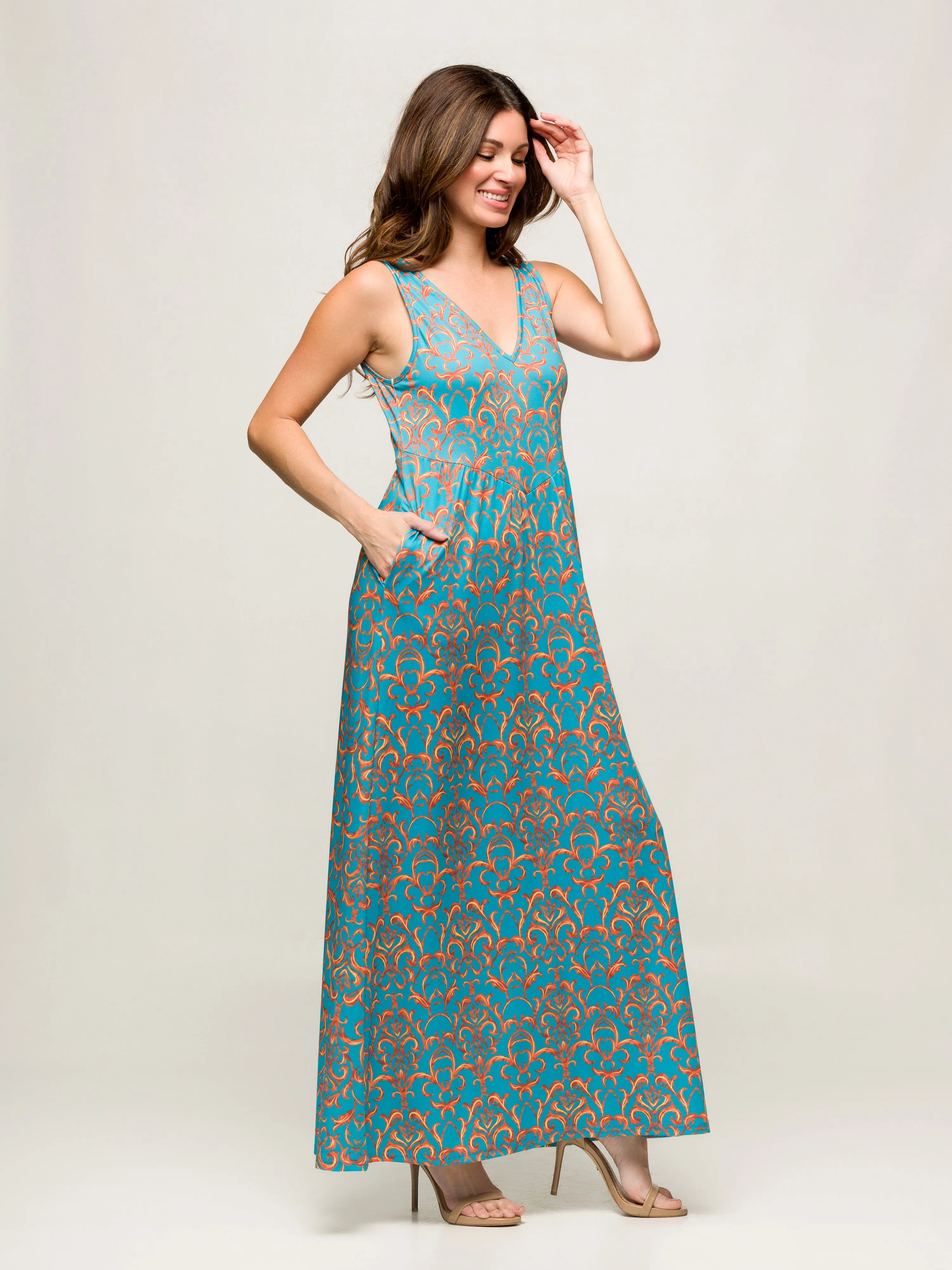 24seven Comfort Apparel Sky Blue Sleeveless V Neck Maxi Dress With Pockets sold by 24/7 Comfort Apparel product image thumbnail 5