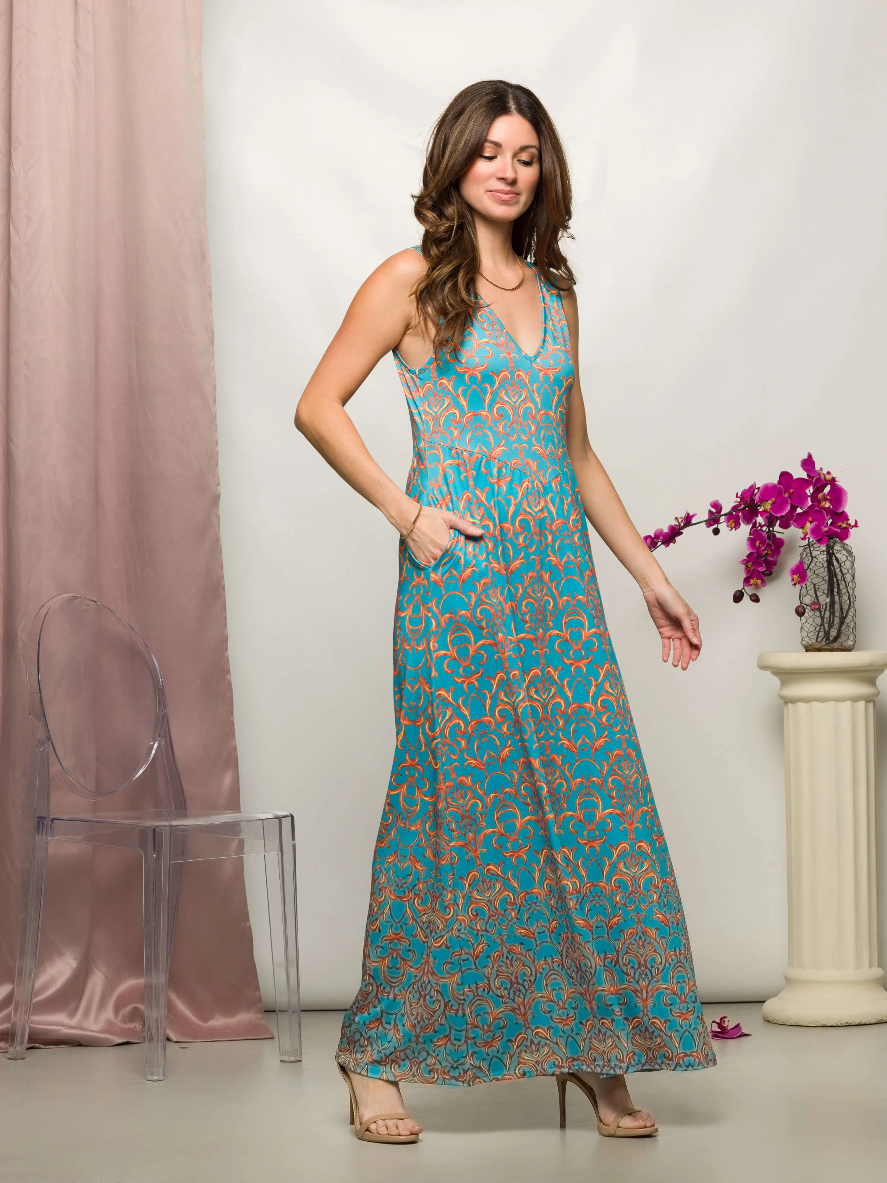 24seven Comfort Apparel Sky Blue Sleeveless V Neck Maxi Dress With Pockets sold by 24/7 Comfort Apparel product image thumbnail 2