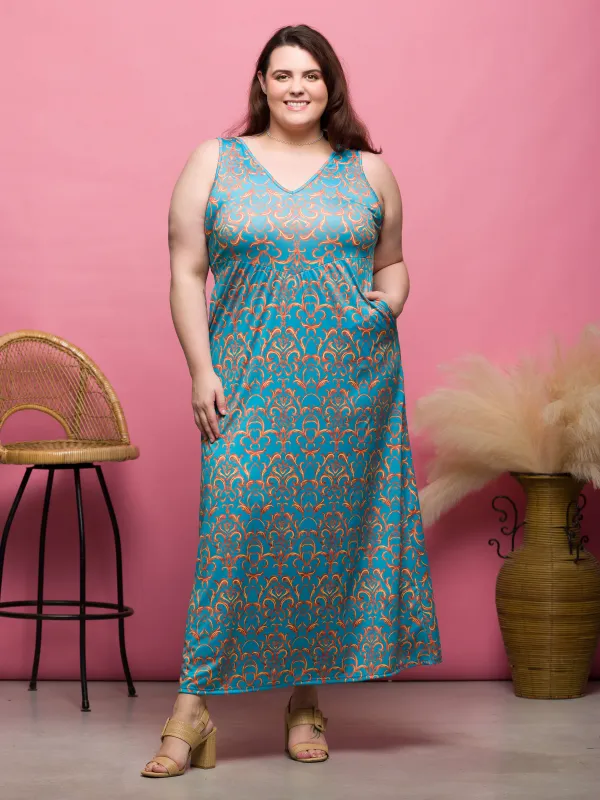 24seven Comfort Apparel Plus Size Sky Blue Sleeveless V Neck Maxi Dress With Pockets sold by 24/7 Comfort Apparel