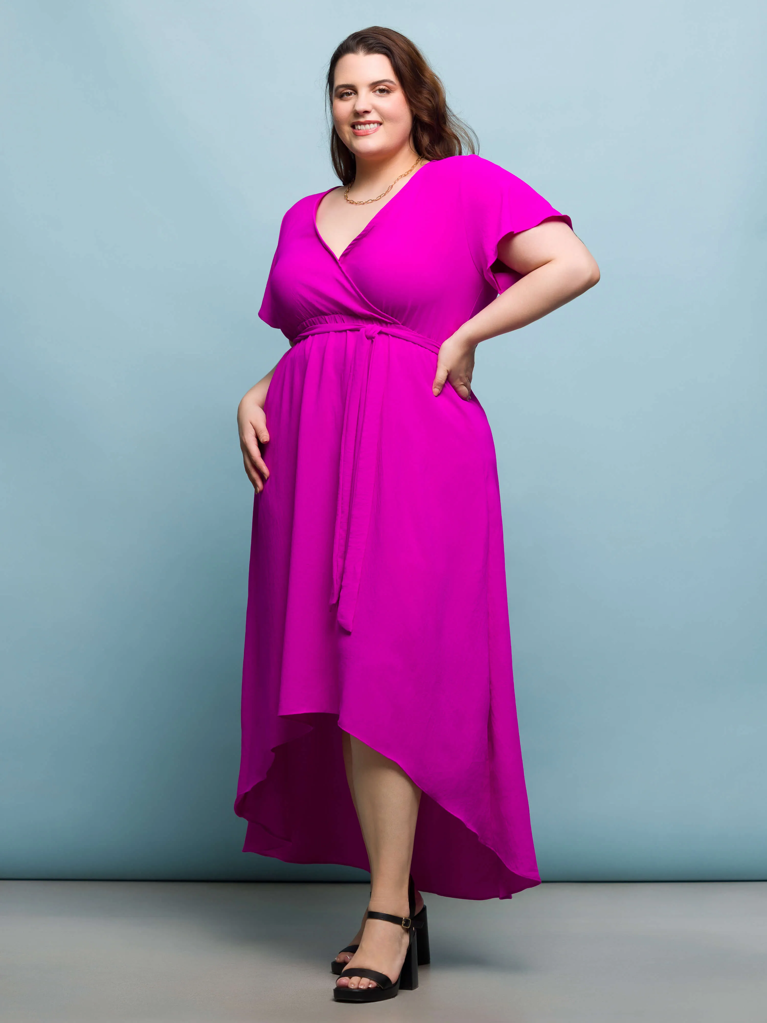 24seven Comfort Apparel Plus Size V Neck Belted Faux Wrap High Low Dress sold by 24/7 Comfort Apparel