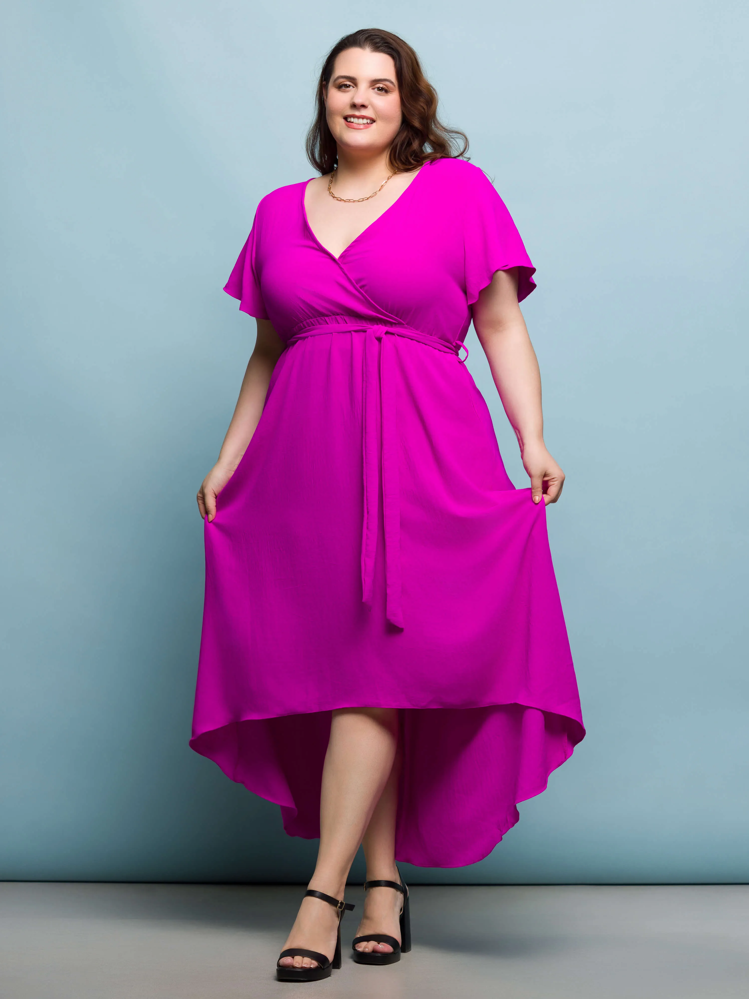 24seven Comfort Apparel Plus Size V Neck Belted Faux Wrap High Low Dress sold by 24/7 Comfort Apparel product image thumbnail 2