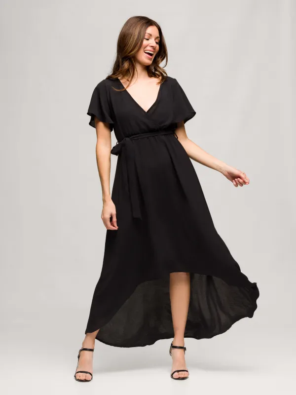 24seven Comfort Apparel Womens V Neck Belted Faux Wrap High Low Dress sold by 24/7 Comfort Apparel