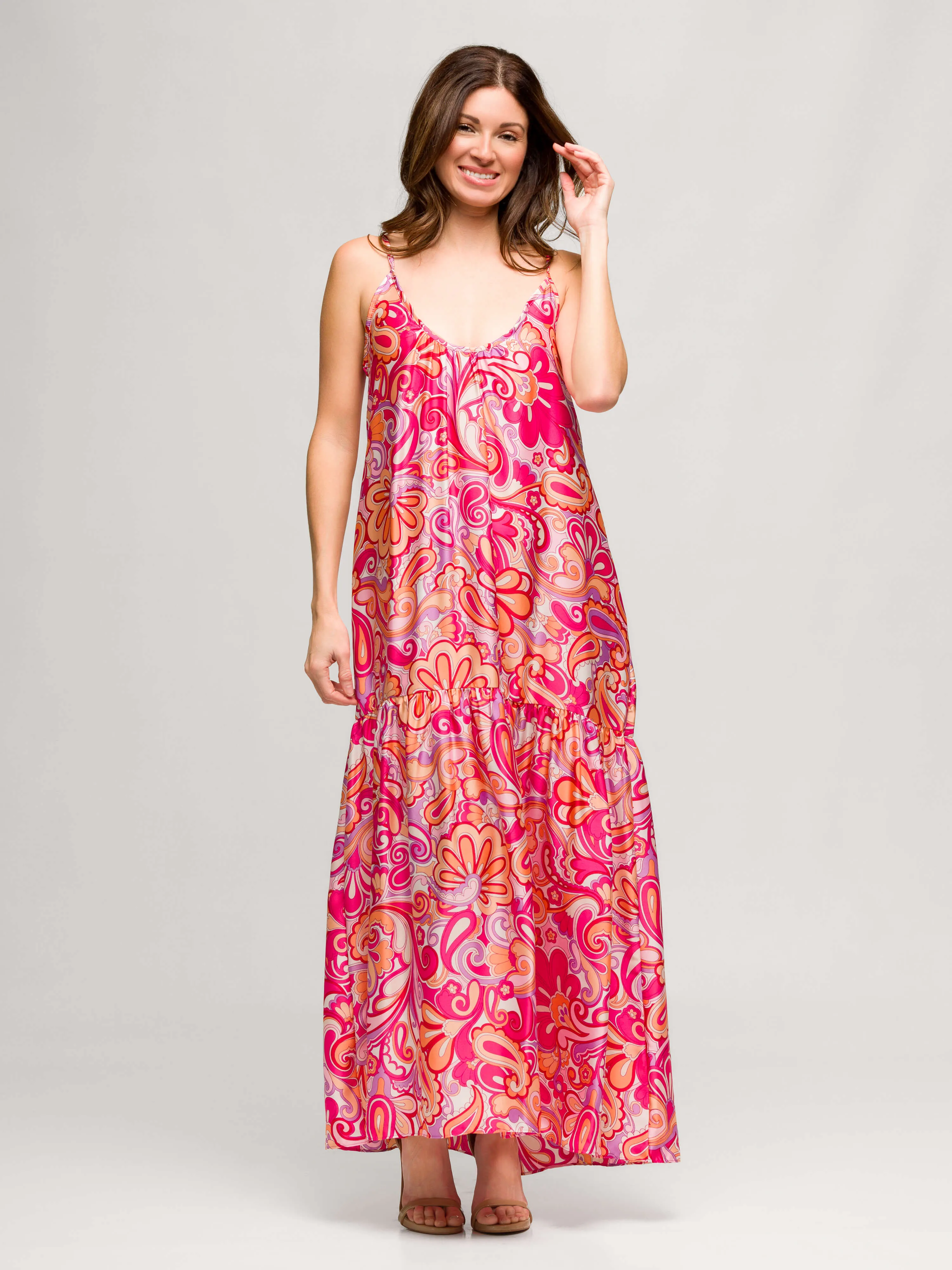 24seven Comfort Apparel Pink Print Lightweight Spaghetti Strap Pocket Maxi Dress sold by 24/7 Comfort Apparel product image thumbnail 2