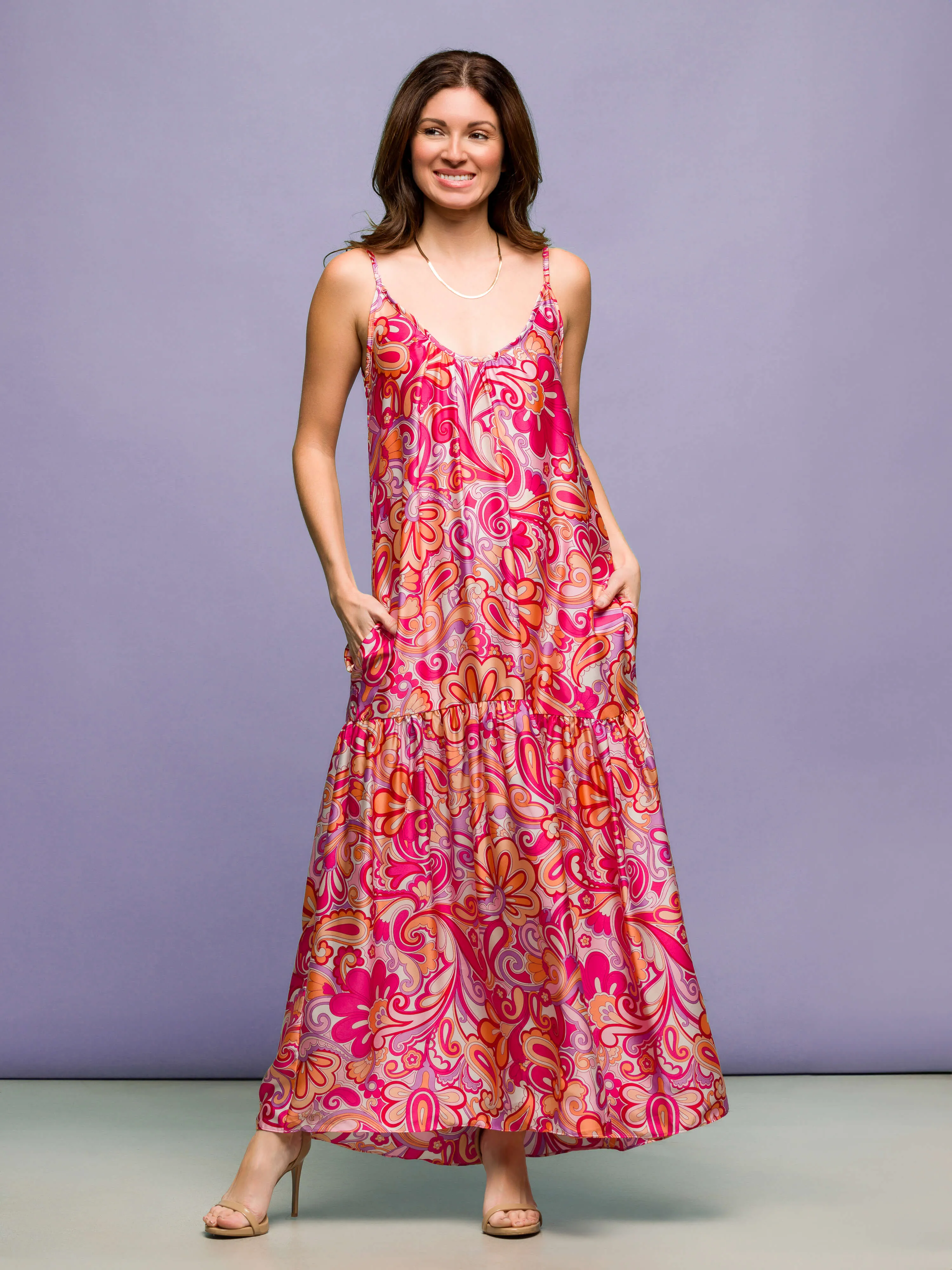 24seven Comfort Apparel Pink Print Lightweight Spaghetti Strap Pocket Maxi Dress sold by 24/7 Comfort Apparel