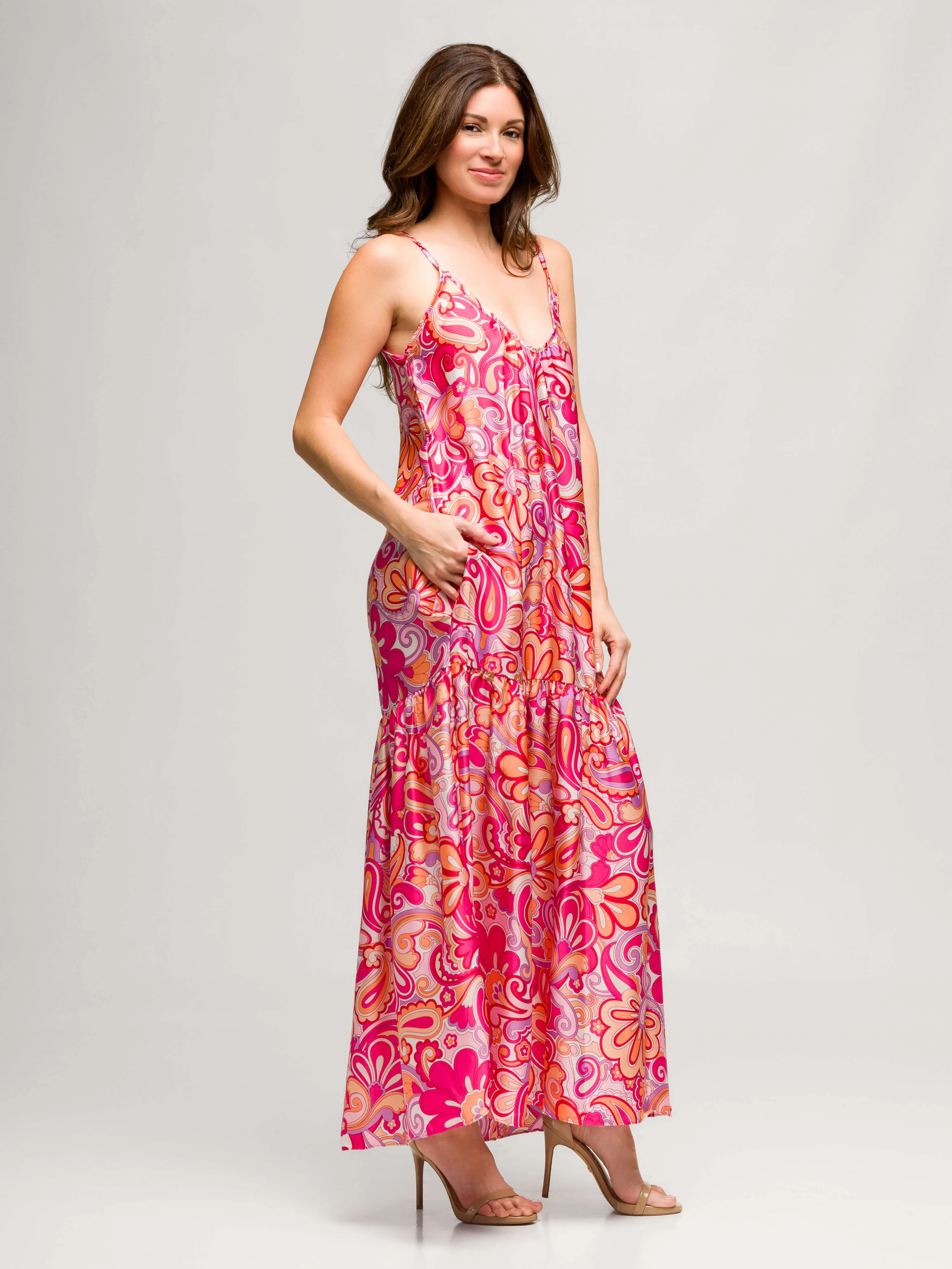 24seven Comfort Apparel Pink Print Lightweight Spaghetti Strap Pocket Maxi Dress sold by 24/7 Comfort Apparel product image thumbnail 3