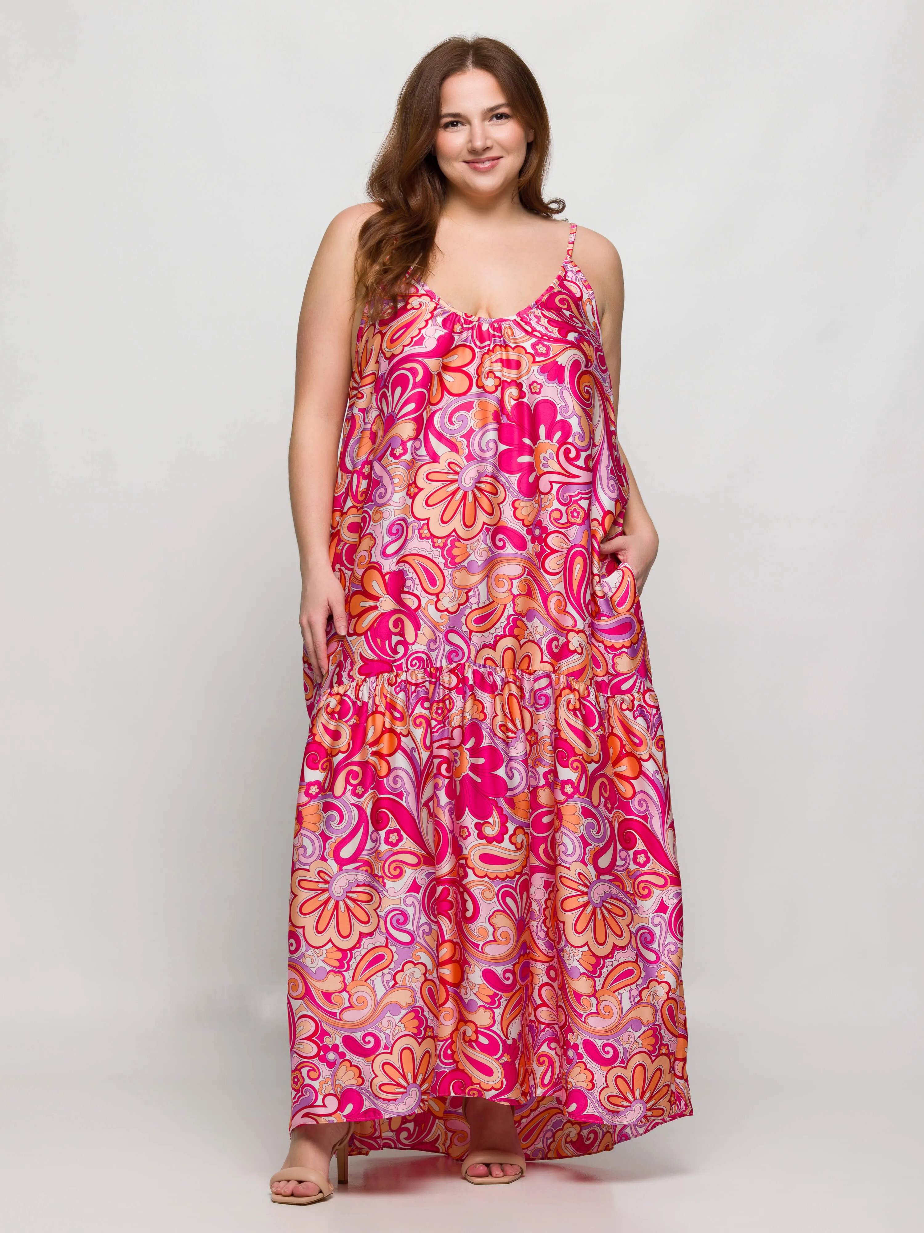 24seven Comfort Apparel Plus Size Pink Print Lightweight Spaghetti Strap Pocket Maxi Dress sold by 24/7 Comfort Apparel product image thumbnail 3