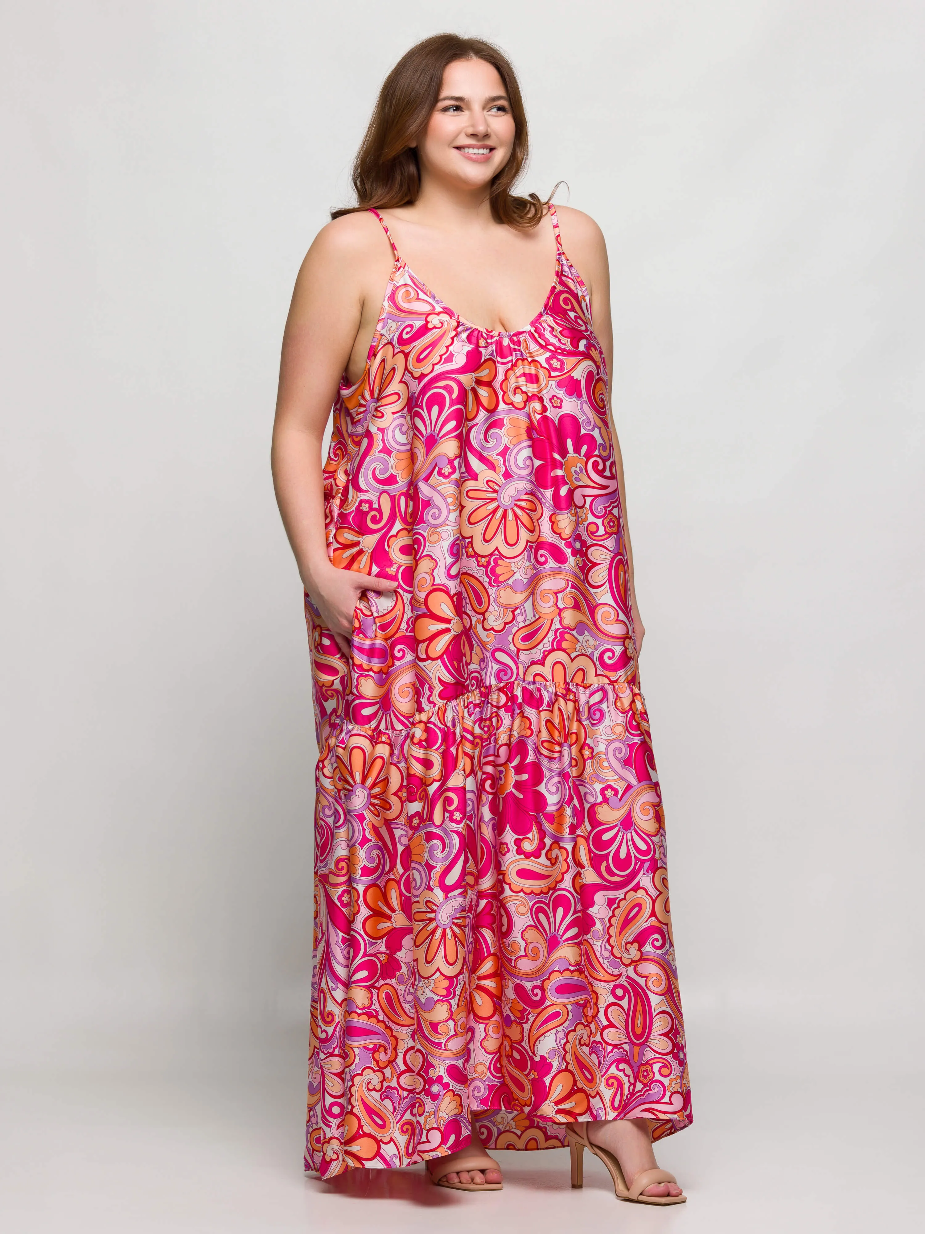 24seven Comfort Apparel Plus Size Pink Print Lightweight Spaghetti Strap Pocket Maxi Dress sold by 24/7 Comfort Apparel product image thumbnail 5