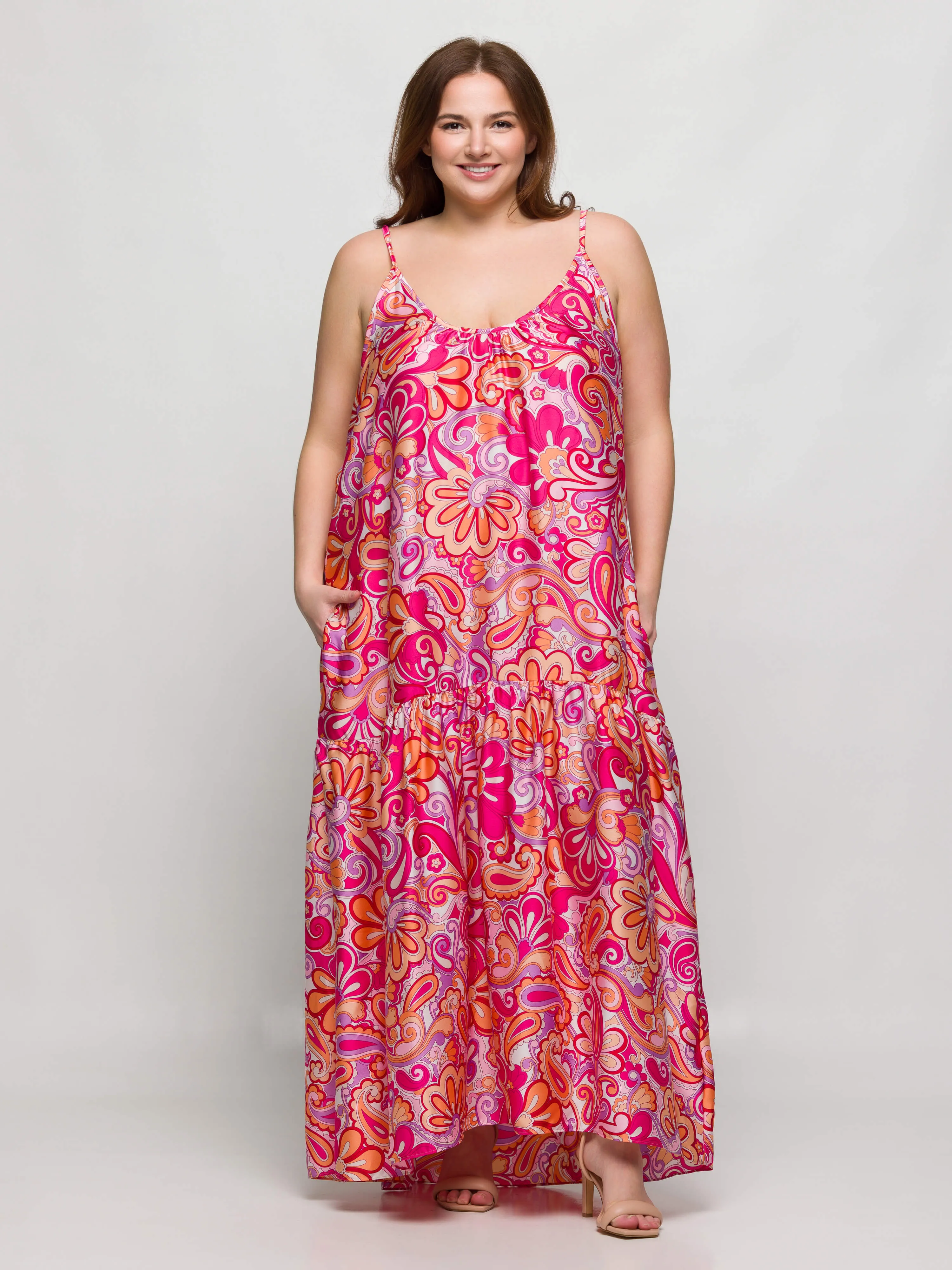 24seven Comfort Apparel Plus Size Pink Print Lightweight Spaghetti Strap Pocket Maxi Dress sold by 24/7 Comfort Apparel product image thumbnail 4