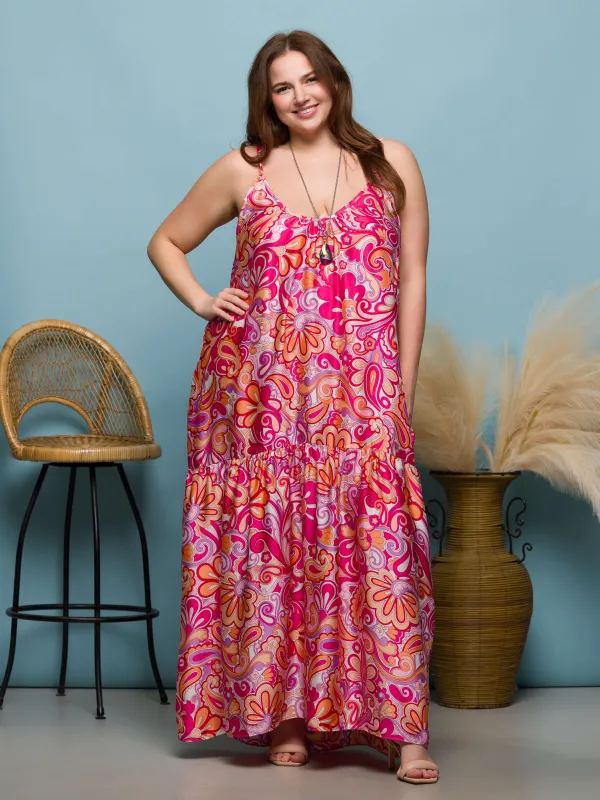 24seven Comfort Apparel Plus Size Pink Print Lightweight Spaghetti Strap Pocket Maxi Dress sold by 24/7 Comfort Apparel