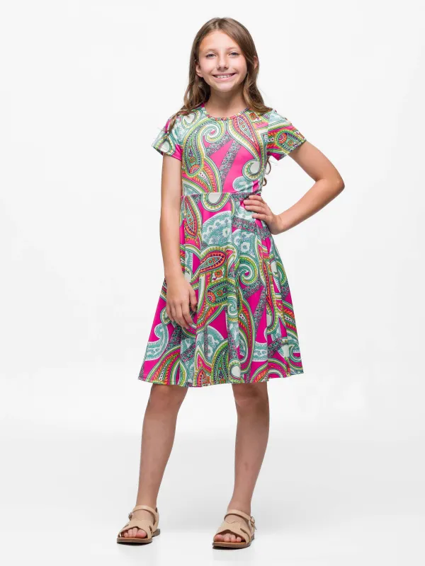 24sevenKid Girls Pink Paisley Print Short Sleeve Fit and Flare Dress sold by 24/7 Comfort Apparel