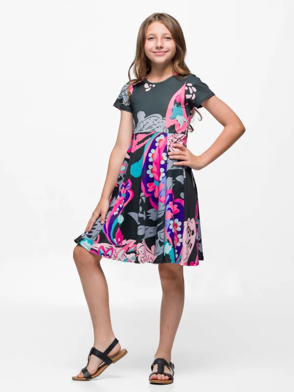 24sevenkid Girls Black and Pink Paisley Fit and Flare Knee Length Dress sold by 24/7 Comfort Apparel
