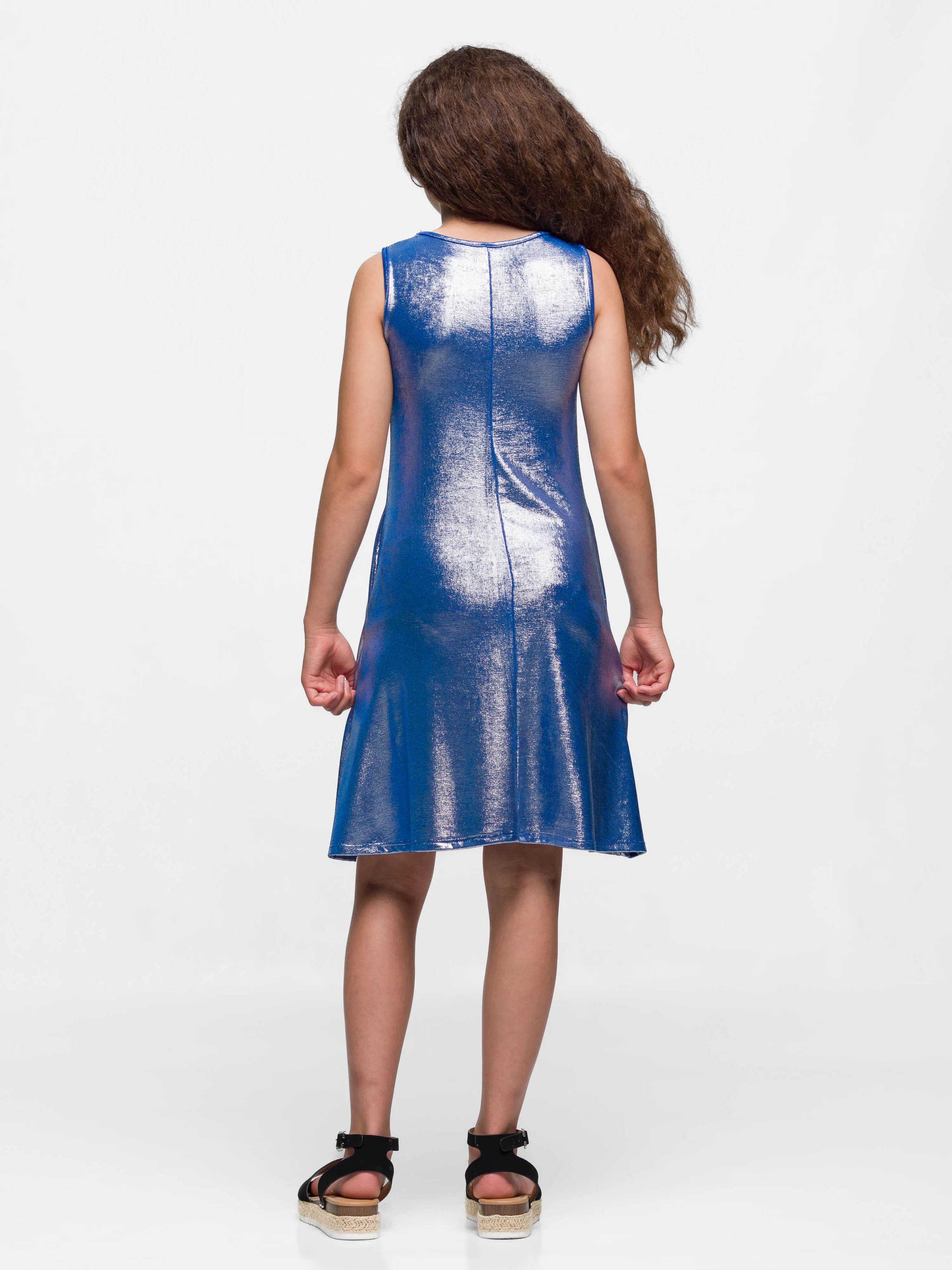 24sevenkid Girls Blue Shimmery Metallic Sleeveless A Line Dress sold by 24/7 Comfort Apparel product image thumbnail 4