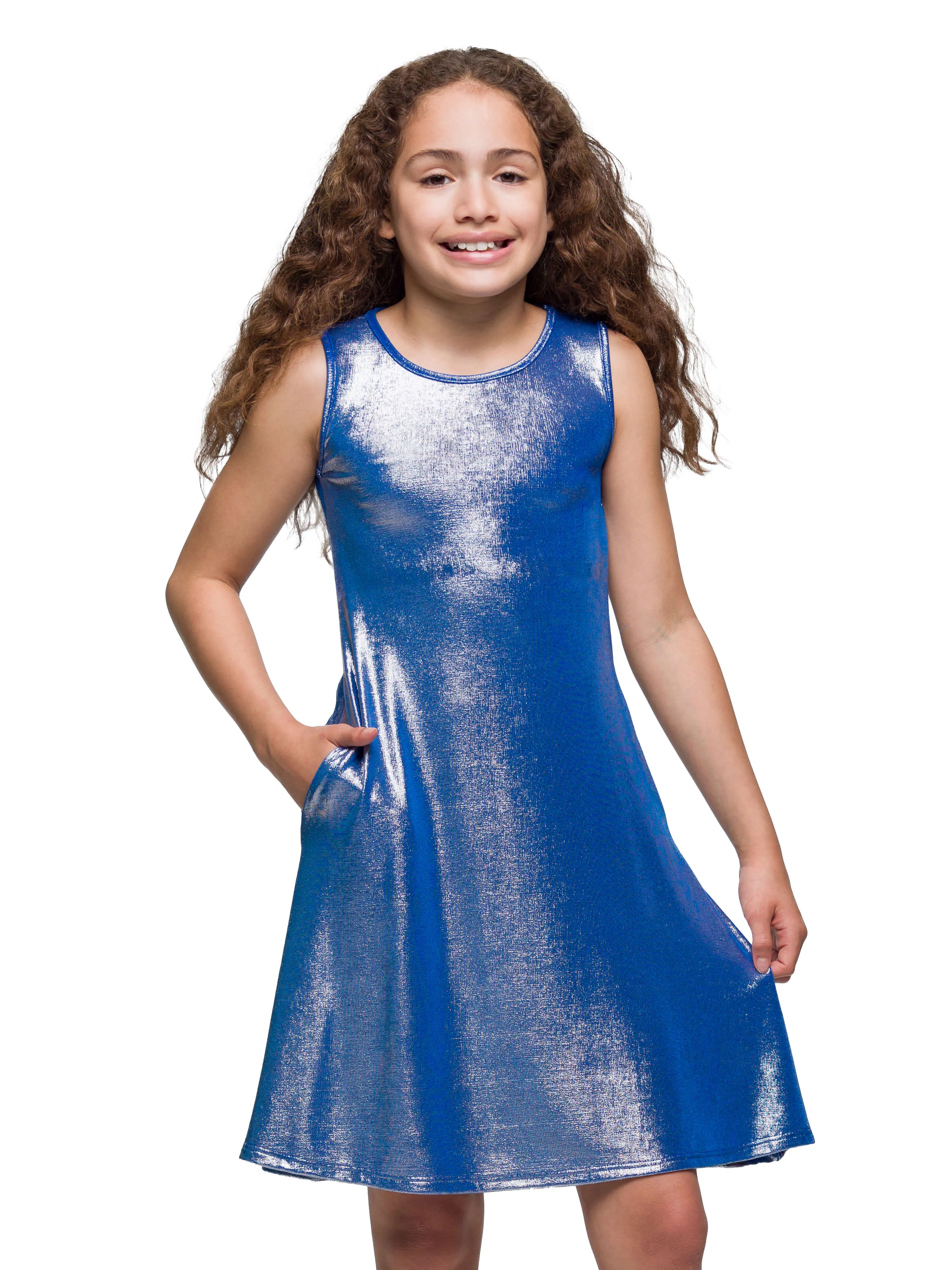 24sevenkid Girls Blue Shimmery Metallic Sleeveless A Line Dress sold by 24/7 Comfort Apparel product image thumbnail 2