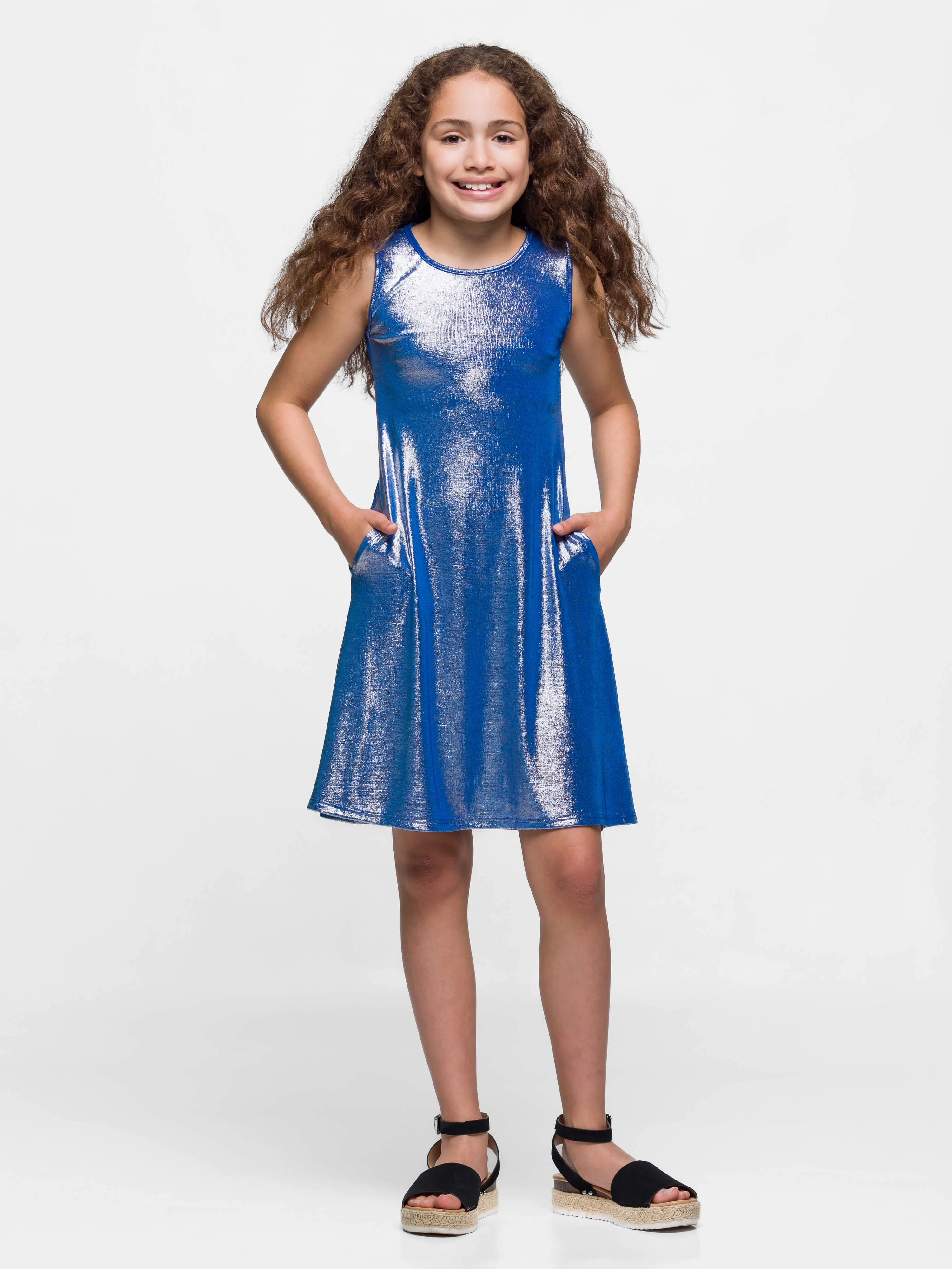 24sevenkid Girls Blue Shimmery Metallic Sleeveless A Line Dress sold by 24/7 Comfort Apparel