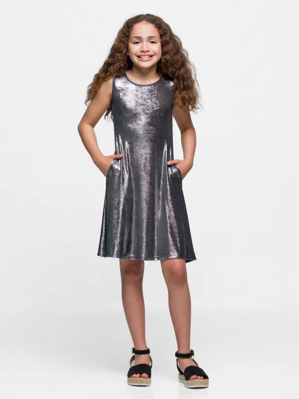 24sevenkid Girls Black Shimmery Metallic Sleeveless A Line Dress sold by 24/7 Comfort Apparel