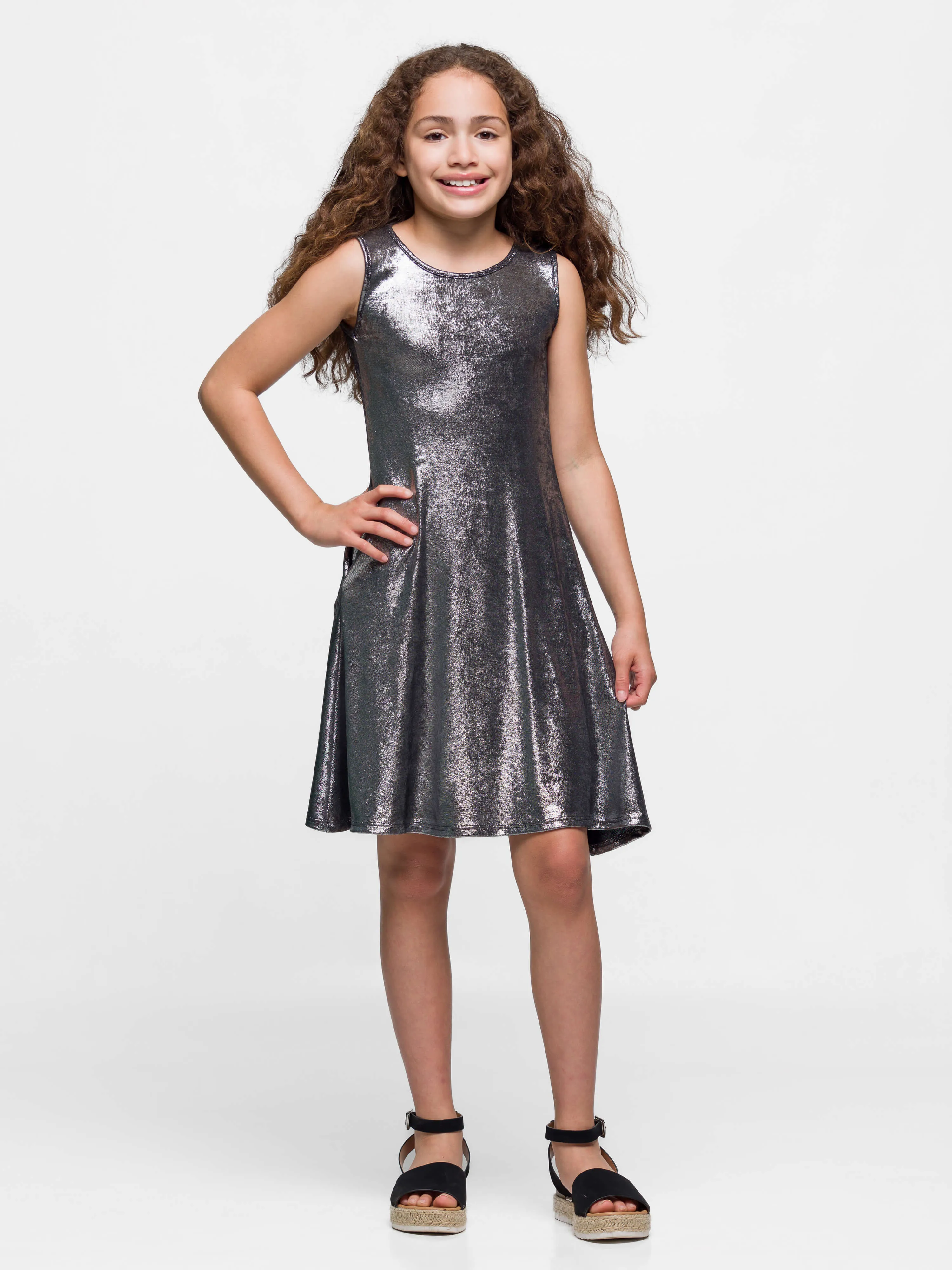 24sevenkid Girls Black Shimmery Metallic Sleeveless A Line Dress sold by 24/7 Comfort Apparel product image thumbnail 3