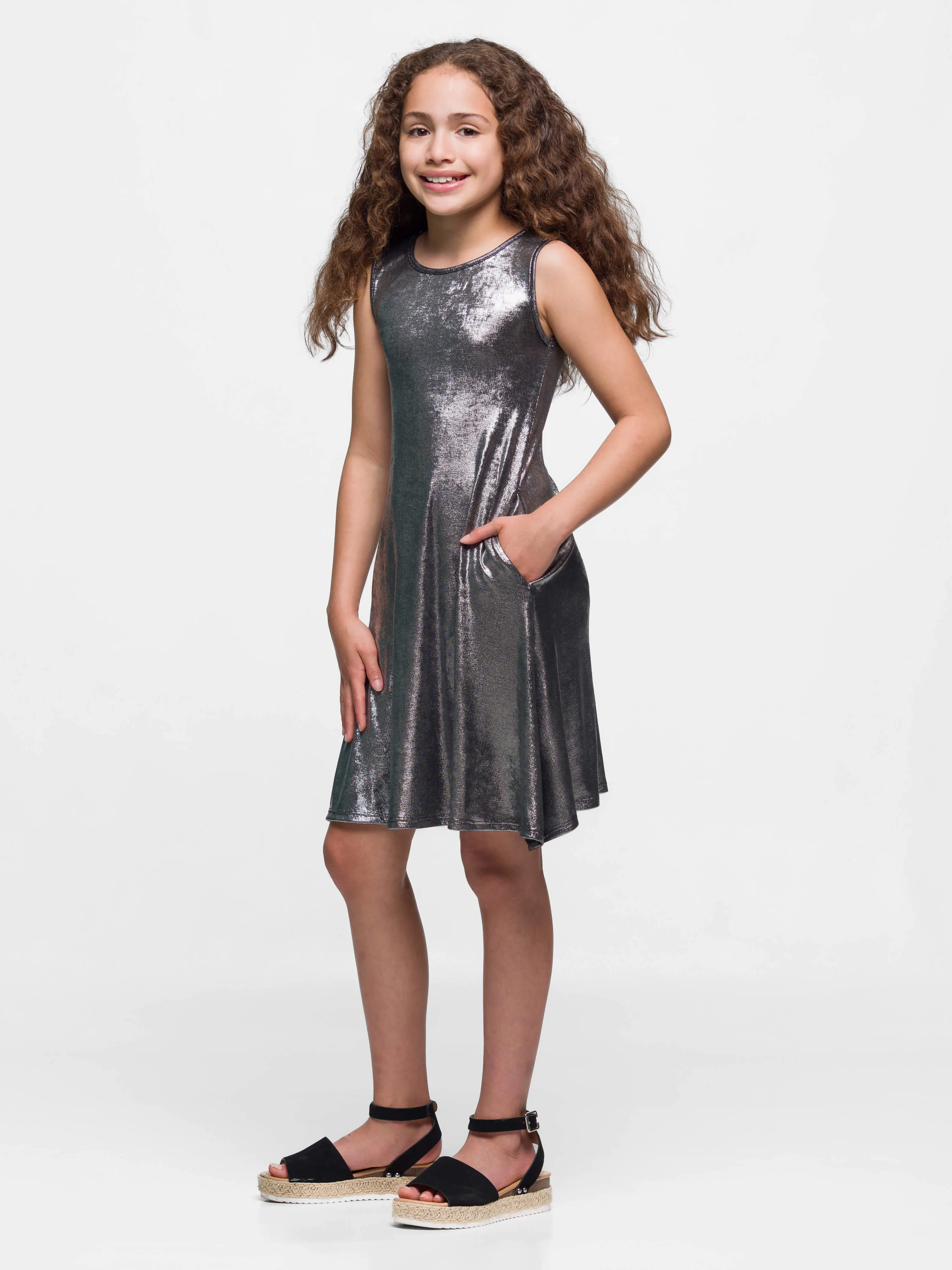 24sevenkid Girls Black Shimmery Metallic Sleeveless A Line Dress sold by 24/7 Comfort Apparel product image thumbnail 2