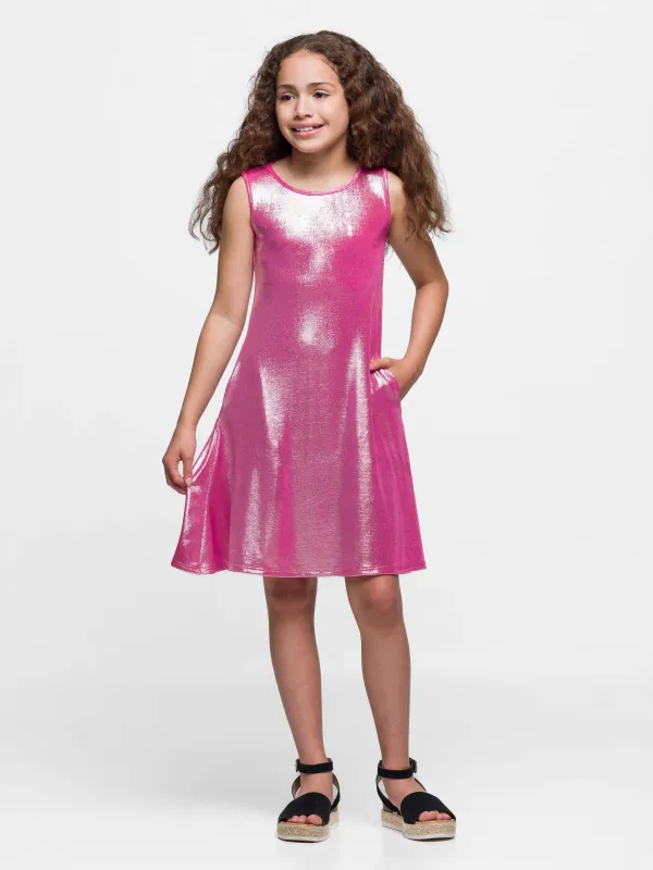 24sevenkid Girls Pink Shimmery Metallic Sleeveless A Line Dress sold by 24/7 Comfort Apparel