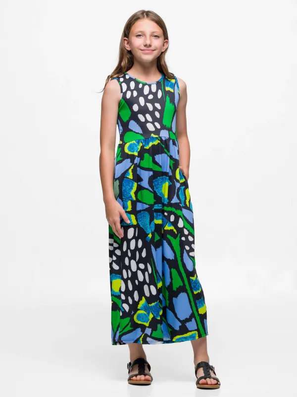 24sevenkid Girls Blue Butterfly Print Sleeveless Maxi Dress with Pockets sold by 24/7 Comfort Apparel