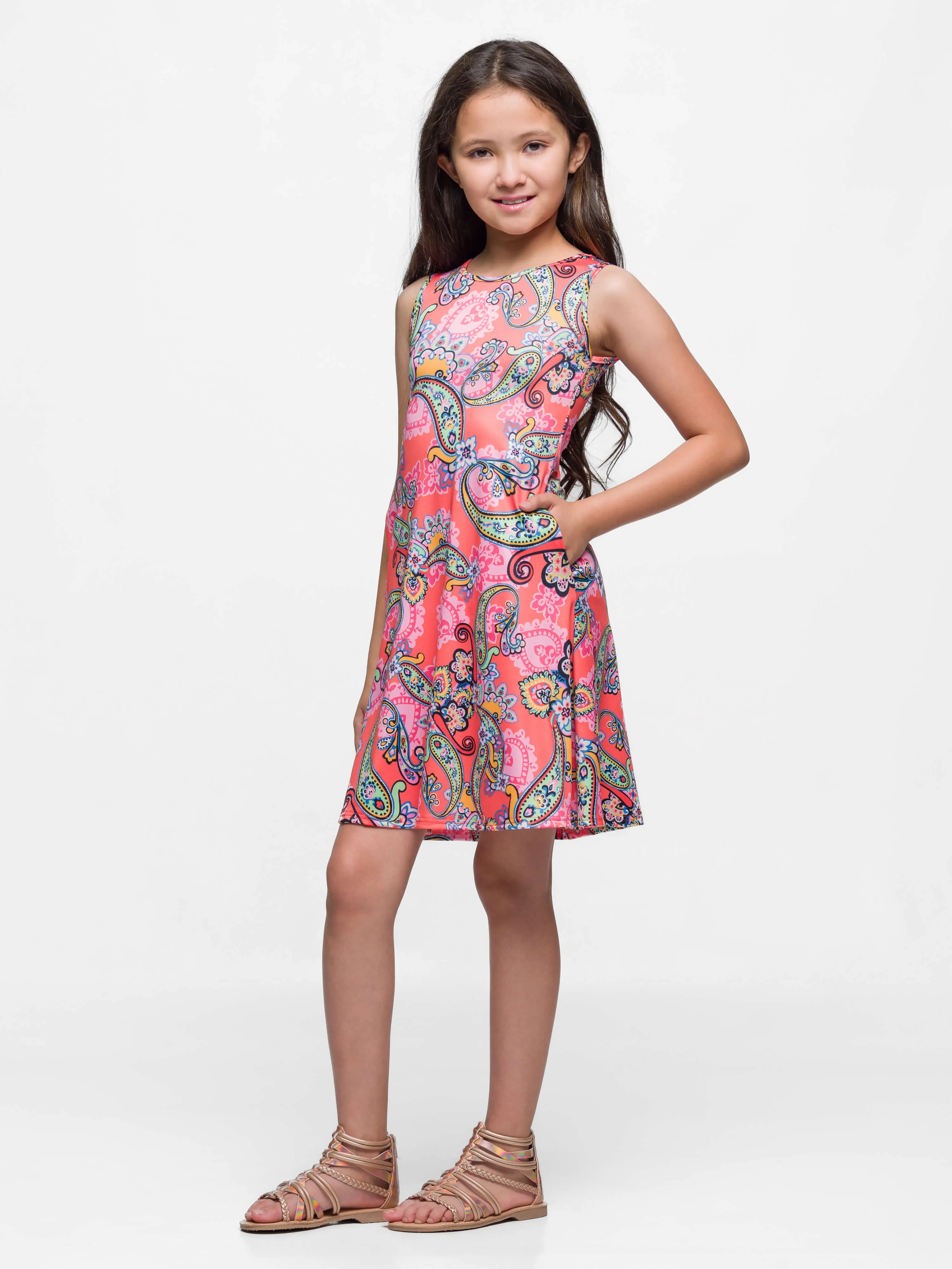 24sevenkid Girls Knee Length Sleeveless A Line Pink Paisley Pocket Dress sold by 24/7 Comfort Apparel product image thumbnail 4