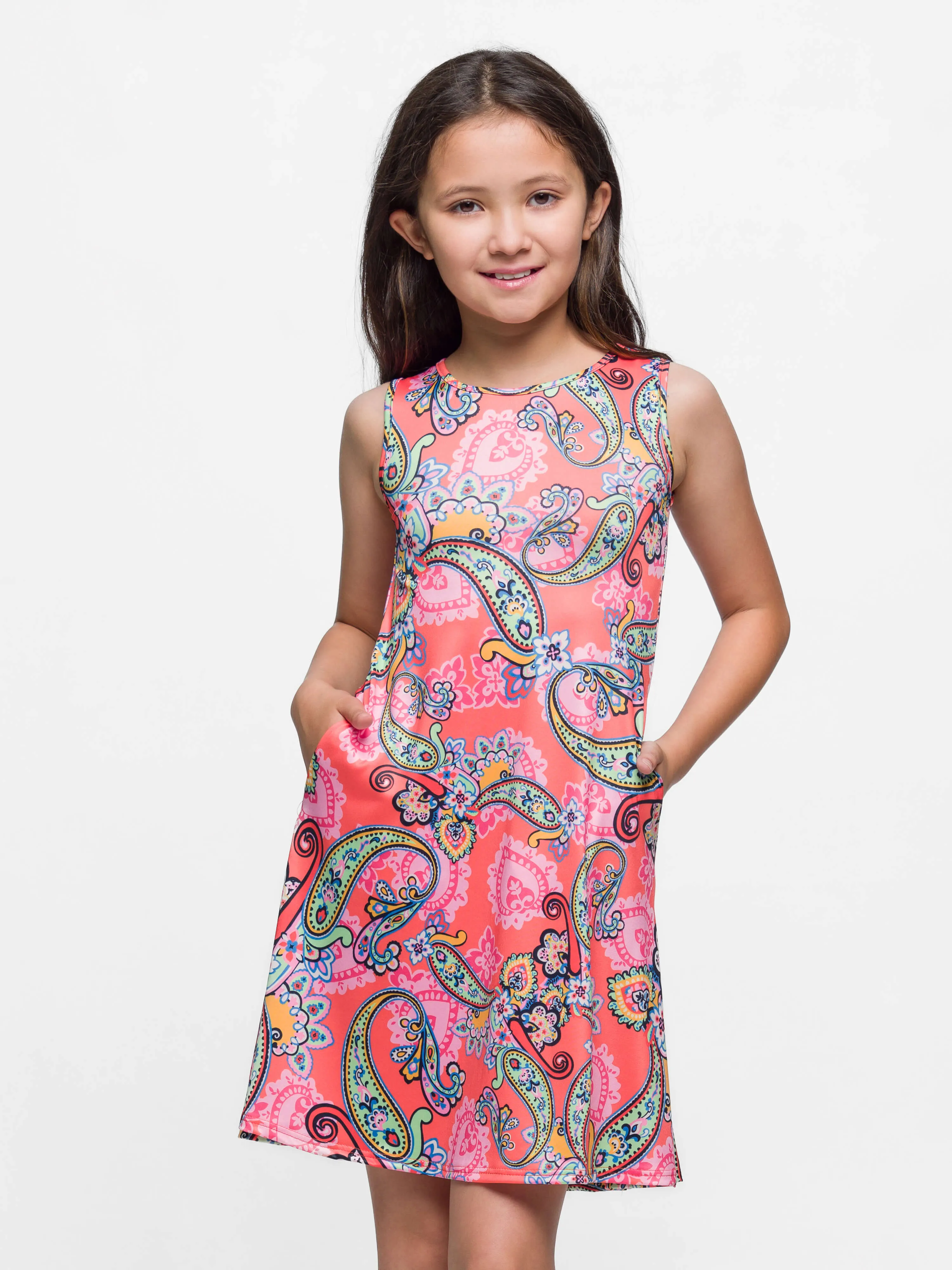 24sevenkid Girls Knee Length Sleeveless A Line Pink Paisley Pocket Dress sold by 24/7 Comfort Apparel product image thumbnail 2