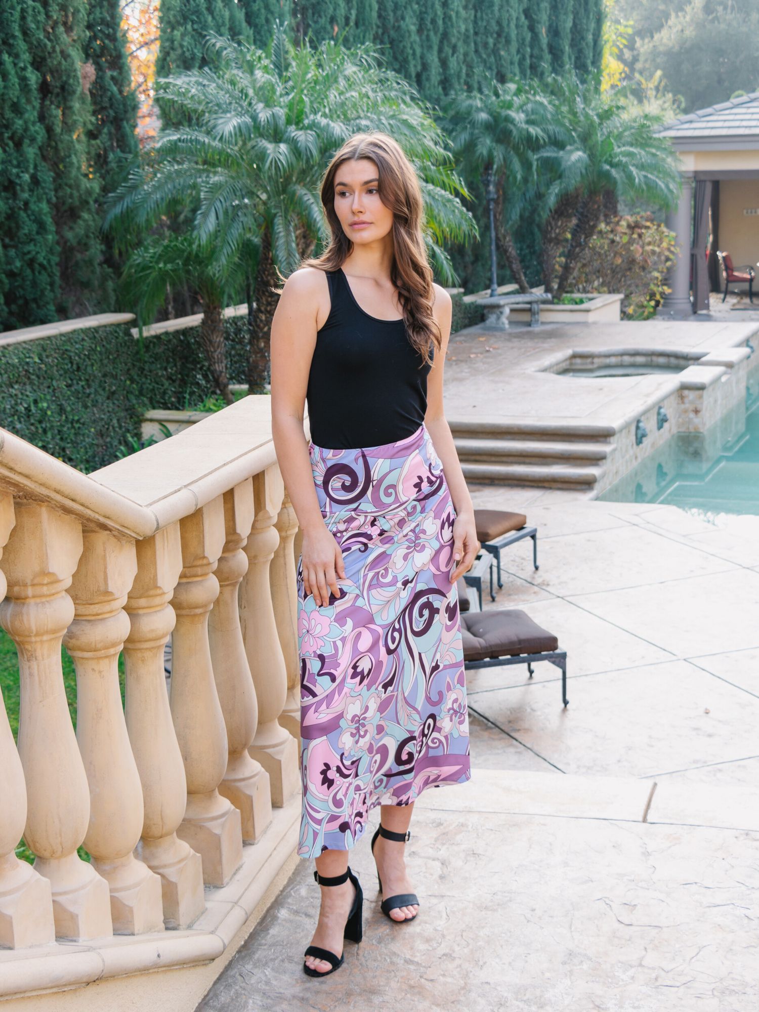 Lilac Floral Elastic Waistband Casual Ankle Length Maxi Skirt sold by 24/7 Comfort Apparel