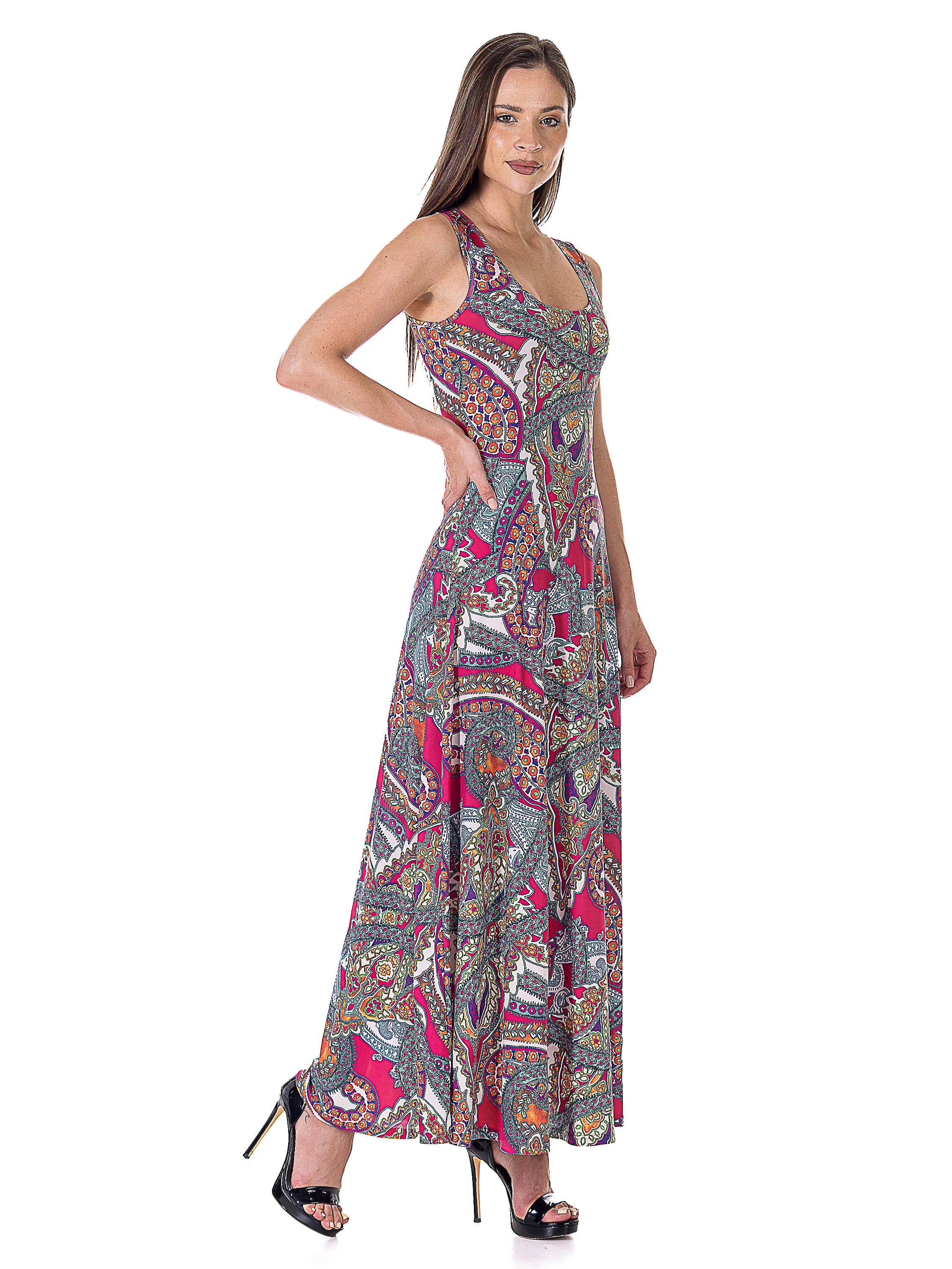 Womens Pink Paisley Print Scoop Neck A Line Sleeveless Maxi Dress sold by 24/7 Comfort Apparel product image thumbnail 4