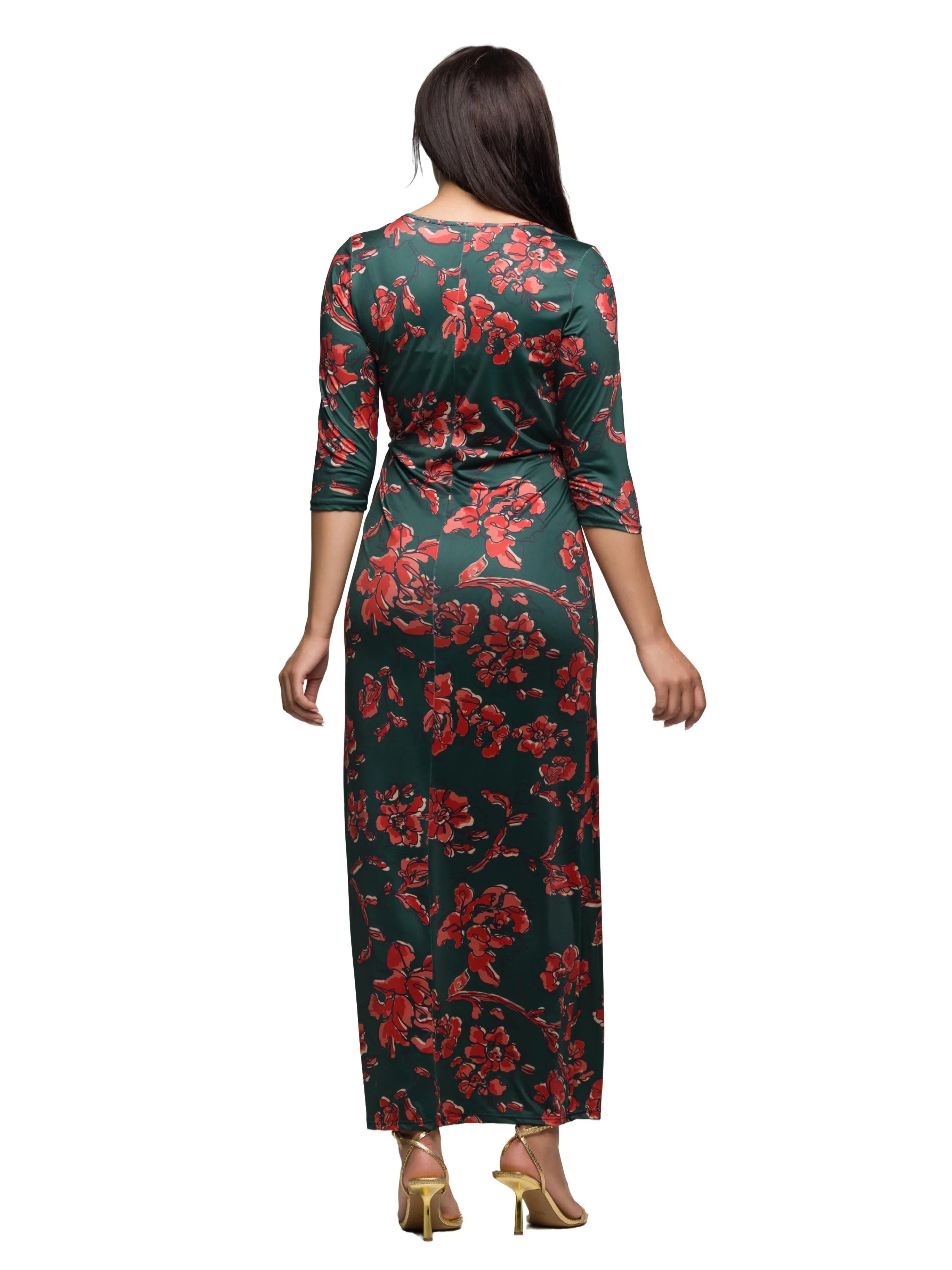 24seven Comfort Apparel Green Floral Print Three Quarter Sleeve Side Slit Maxi Dress sold by 24/7 Comfort Apparel product image thumbnail 3