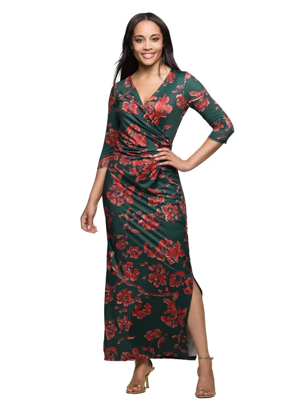 24seven Comfort Apparel Green Floral Print Three Quarter Sleeve Side Slit Maxi Dress sold by 24/7 Comfort Apparel