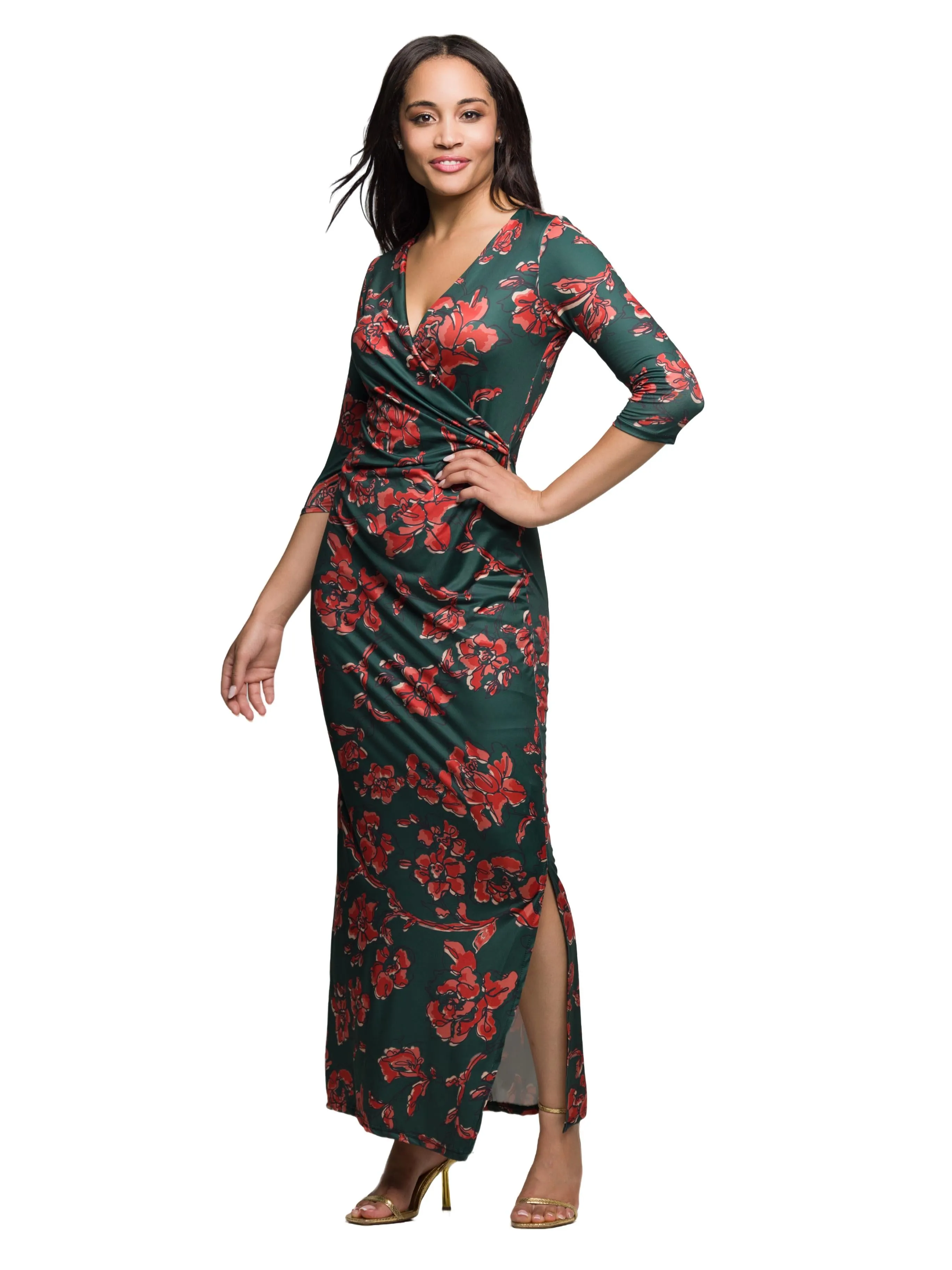 24seven Comfort Apparel Green Floral Print Three Quarter Sleeve Side Slit Maxi Dress sold by 24/7 Comfort Apparel product image thumbnail 2