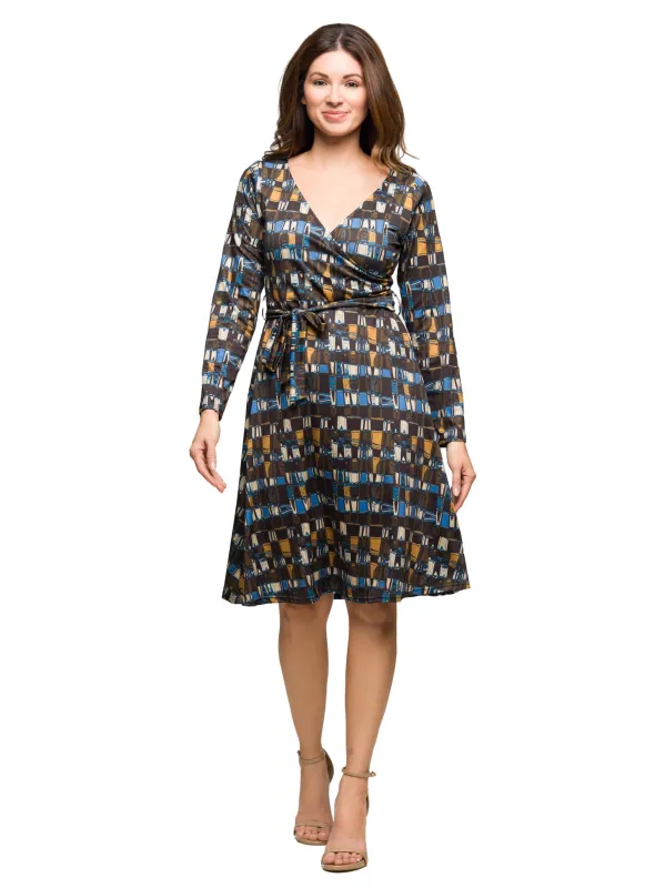 24seven Comfort Apparel Long Sleeve Wrap Dress with Belt in Brown Blue Geometric Print sold by 24/7 Comfort Apparel