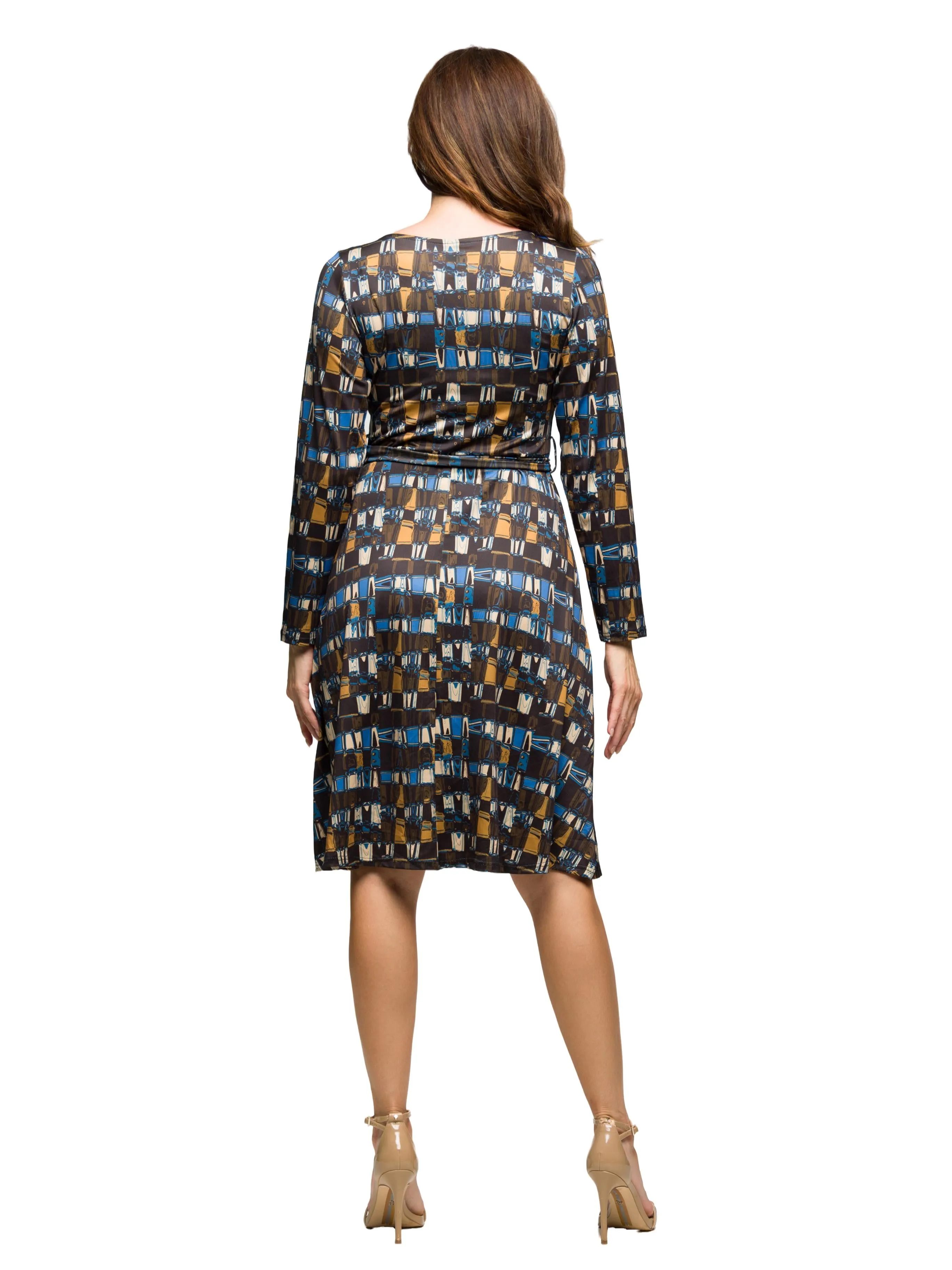 24seven Comfort Apparel Long Sleeve Wrap Dress with Belt in Brown Blue Geometric Print sold by 24/7 Comfort Apparel product image thumbnail 3